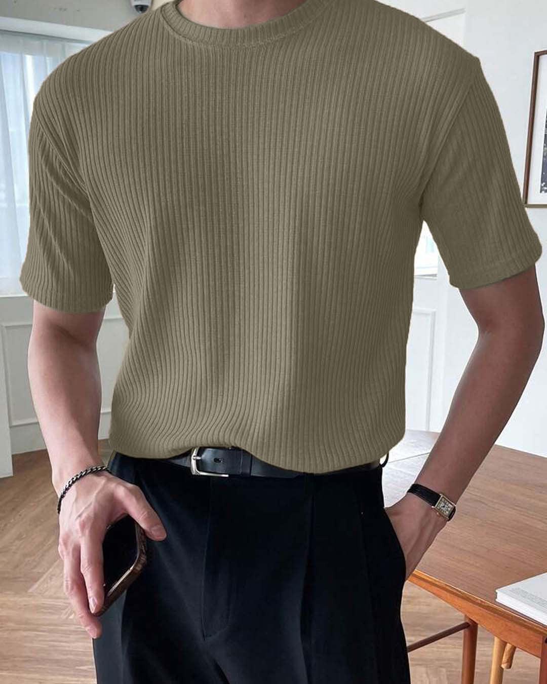 Men Round Neck Khaki Regular T-Shirt - Image 2