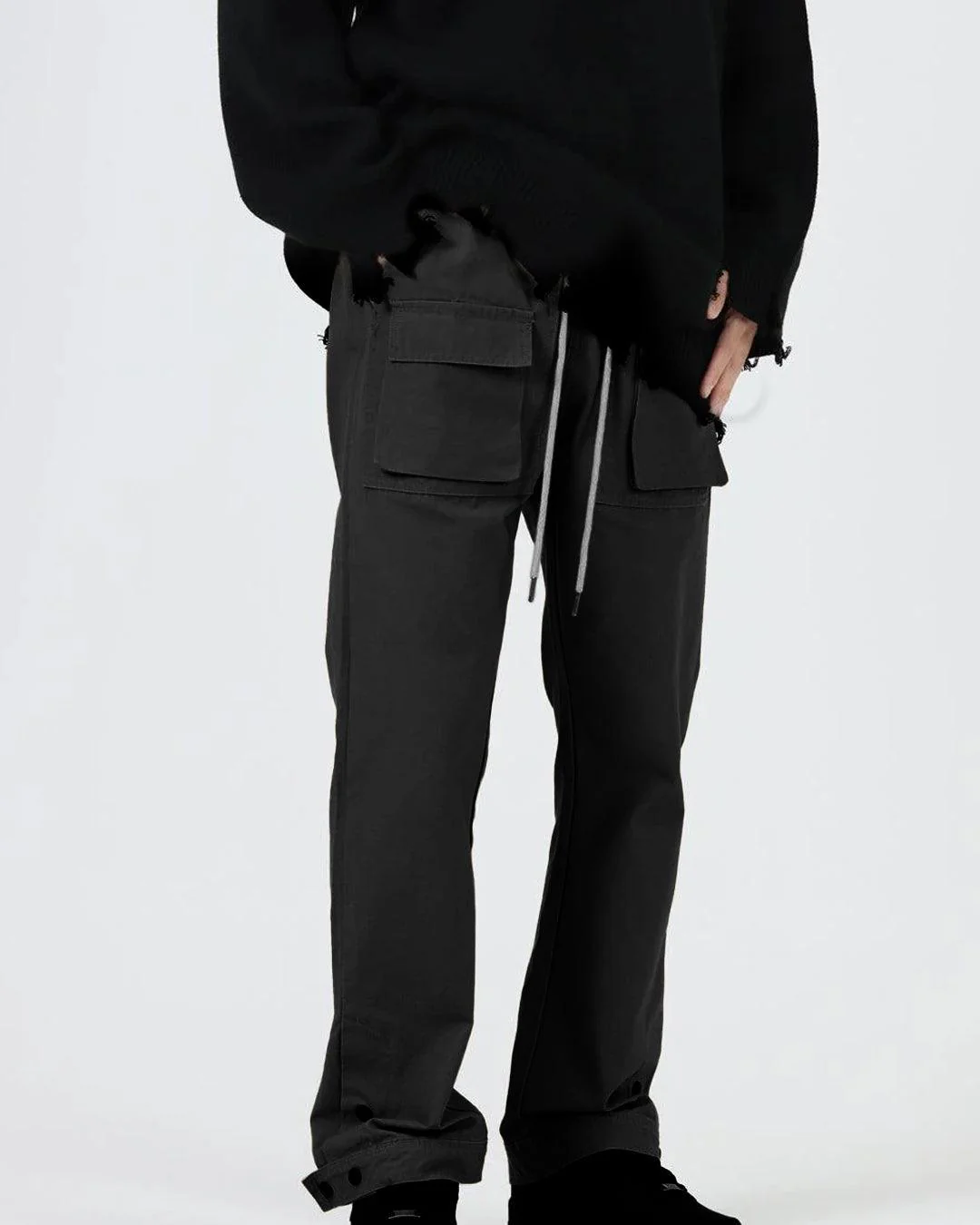 Men Slim Summer Thin Cargo Double Button Black Pants - Image 2