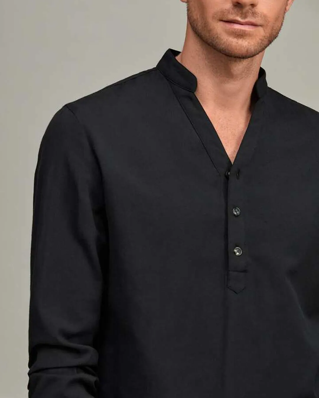 Men Solid Casual Style Half Button Black Shirt - Image 2