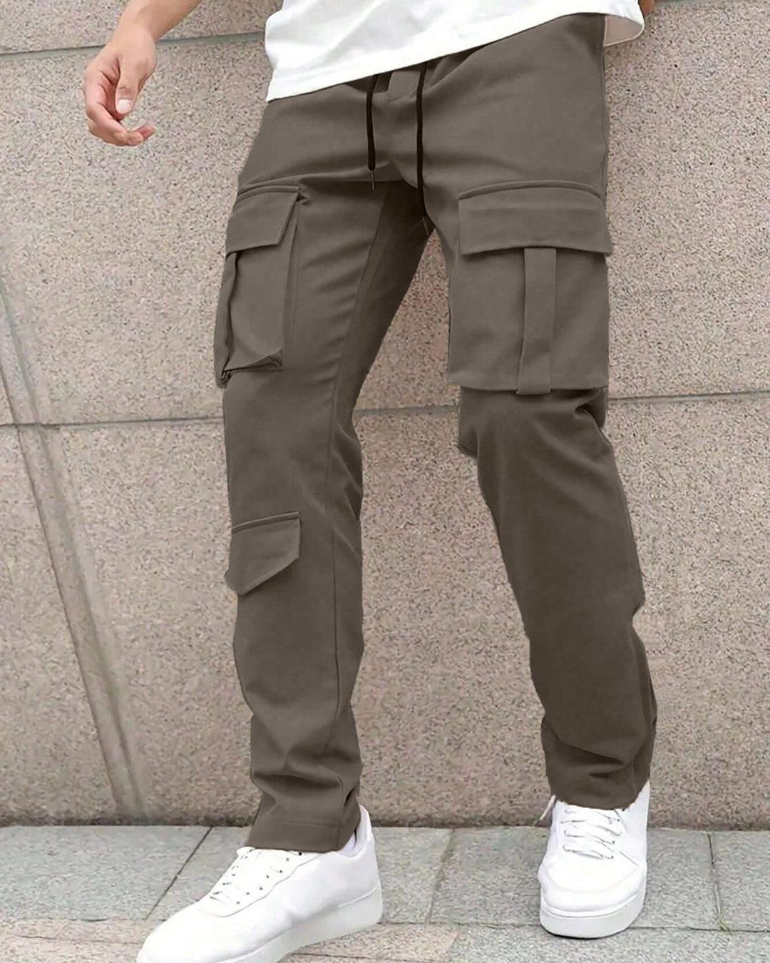 Men Solid Color Front Tie Pocket Simple Casual Straight Leg Cargo Pants