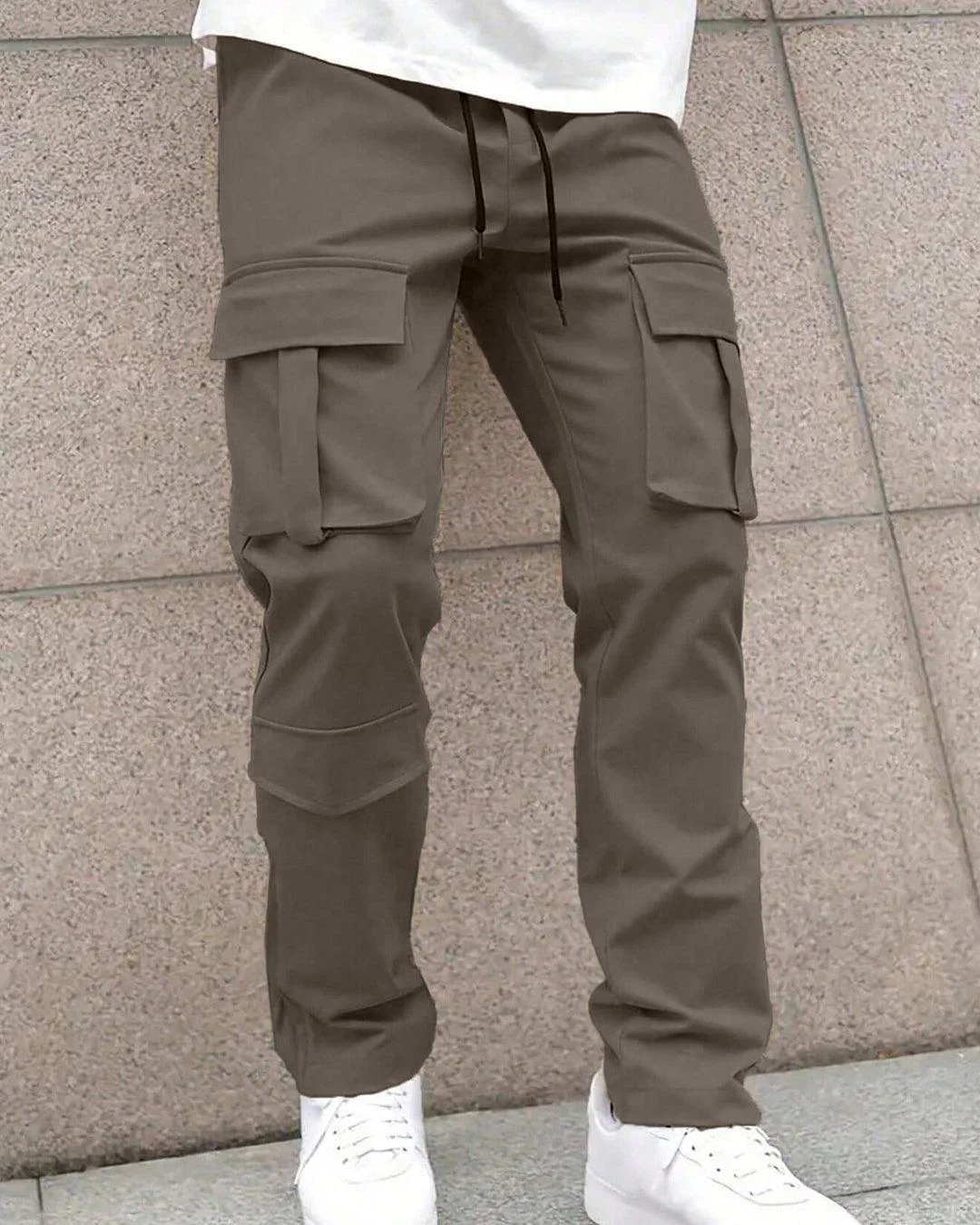Men Solid Color Front Tie Pocket Simple Casual Straight Leg Cargo Pants - Image 2