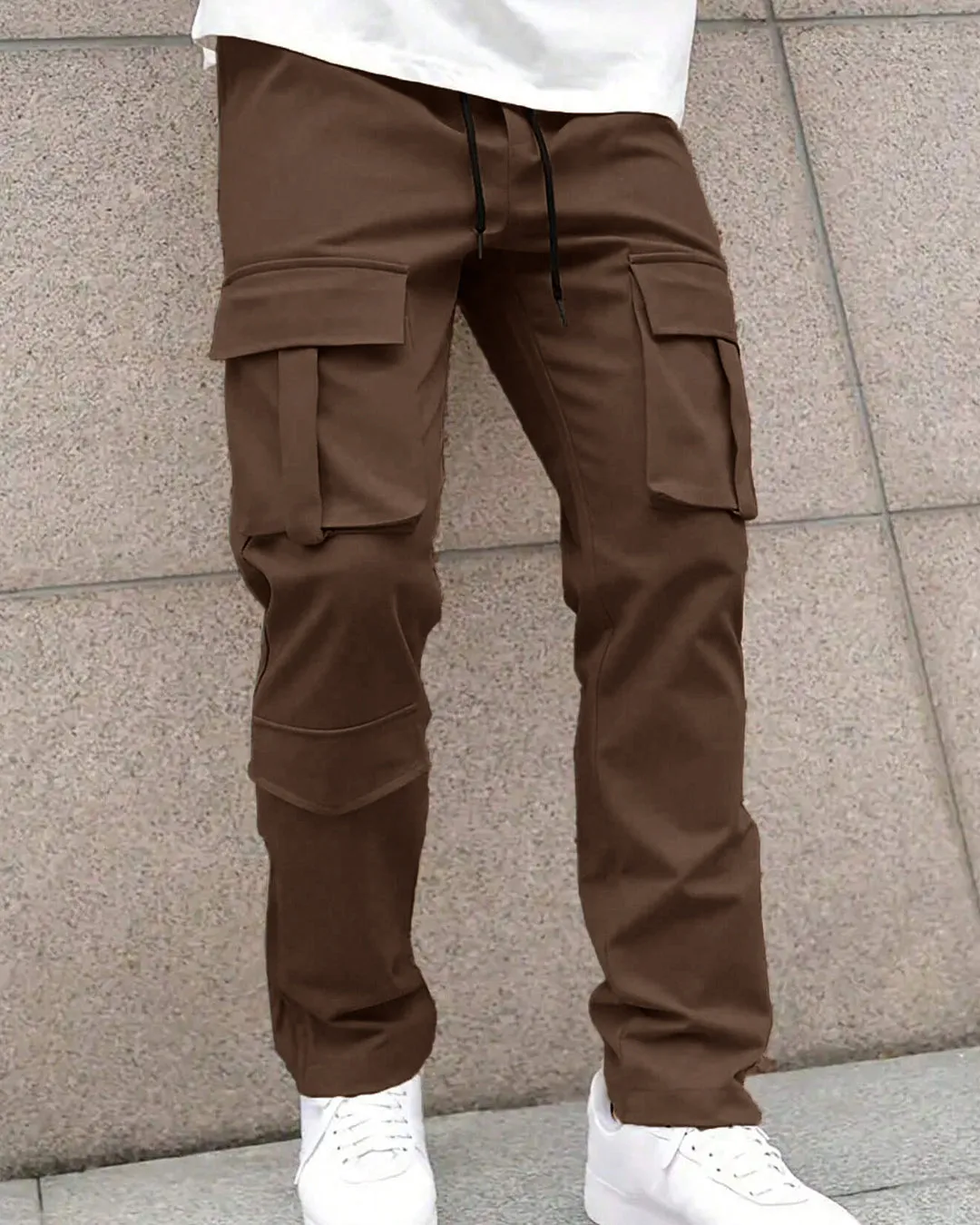 Men Solid Color Front Tie Pocket Simple Casual Straight Leg Cargo Pants In Chocolate Brown