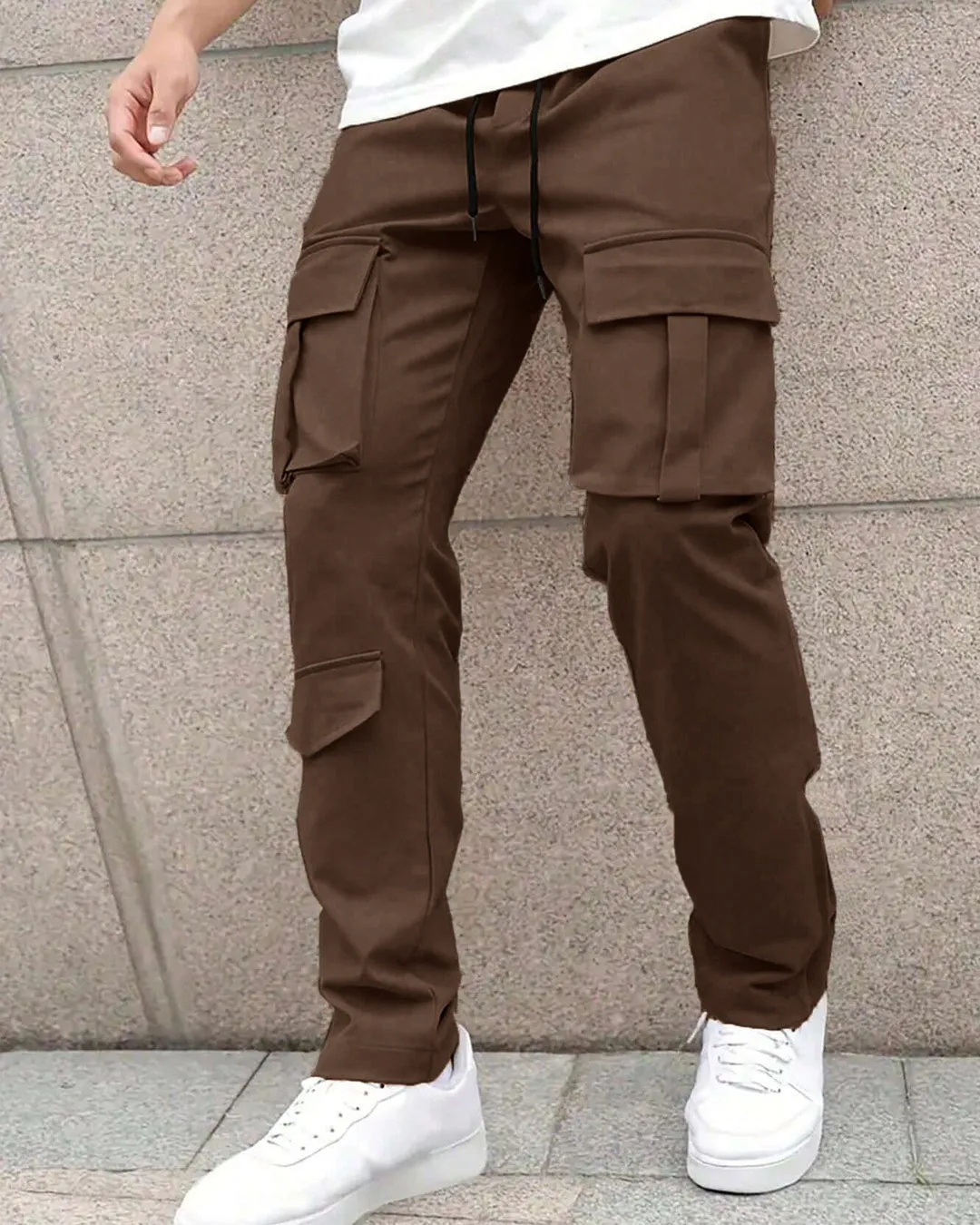 Men Solid Color Front Tie Pocket Simple Casual Straight Leg Cargo Pants In Chocolate Brown - Image 2