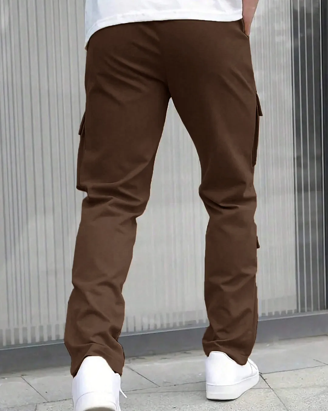 Men Solid Color Front Tie Pocket Simple Casual Straight Leg Cargo Pants In Chocolate Brown - Image 3