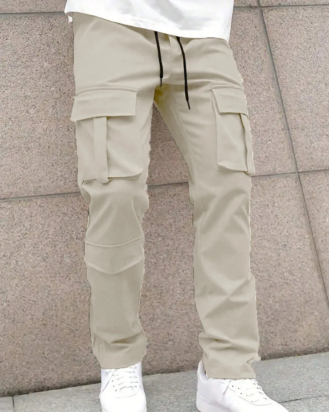 Men Solid Color Front Tie Pocket Simple Casual Straight Leg Cargo Pants In Light Grey - Image 2