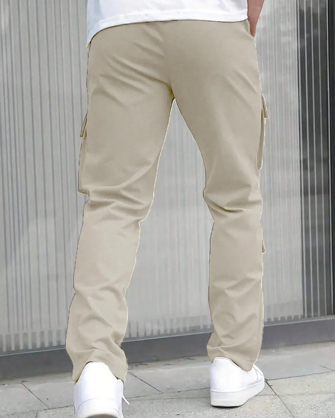 Men Solid Color Front Tie Pocket Simple Casual Straight Leg Cargo Pants In Light Grey - Image 3