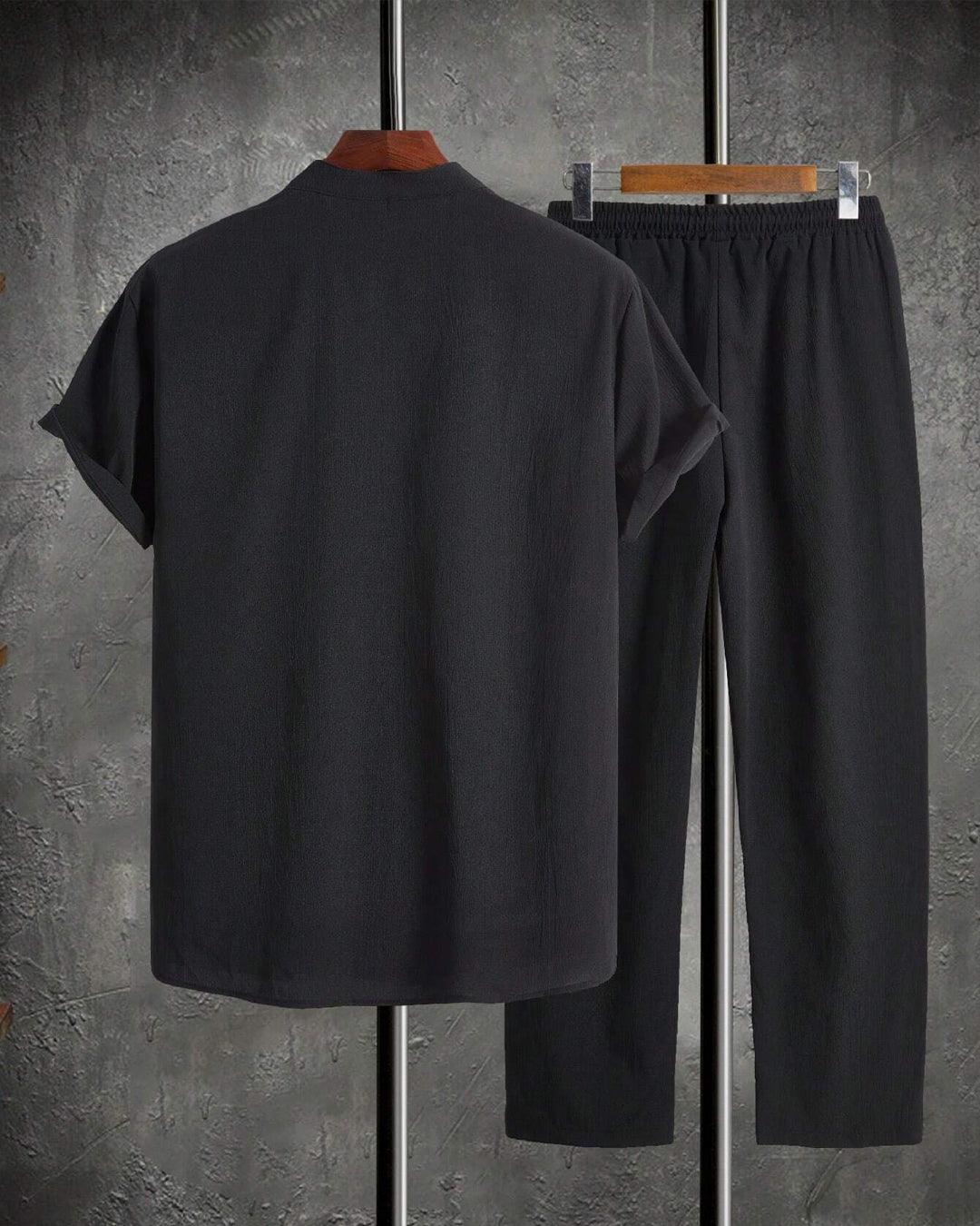Men Solid Color Half-Button Short Sleeve Shirt And Pocketed Long Pants Summer Casual Set - Image 2
