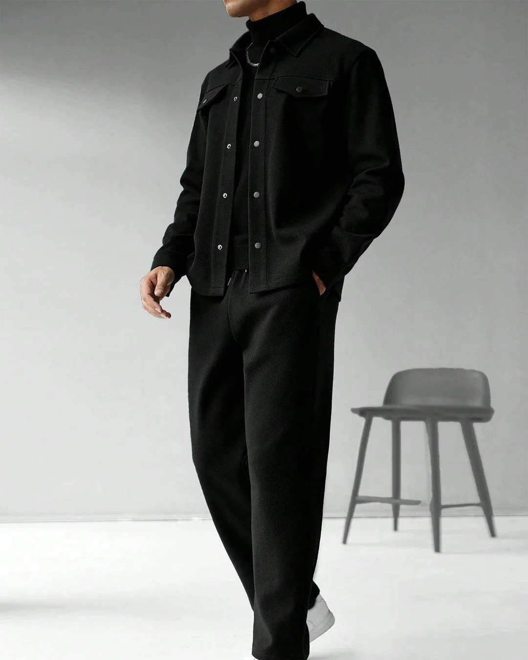 Men Solid Color Long Sleeve Single-Breasted Jacket And Pants Set - Image 2