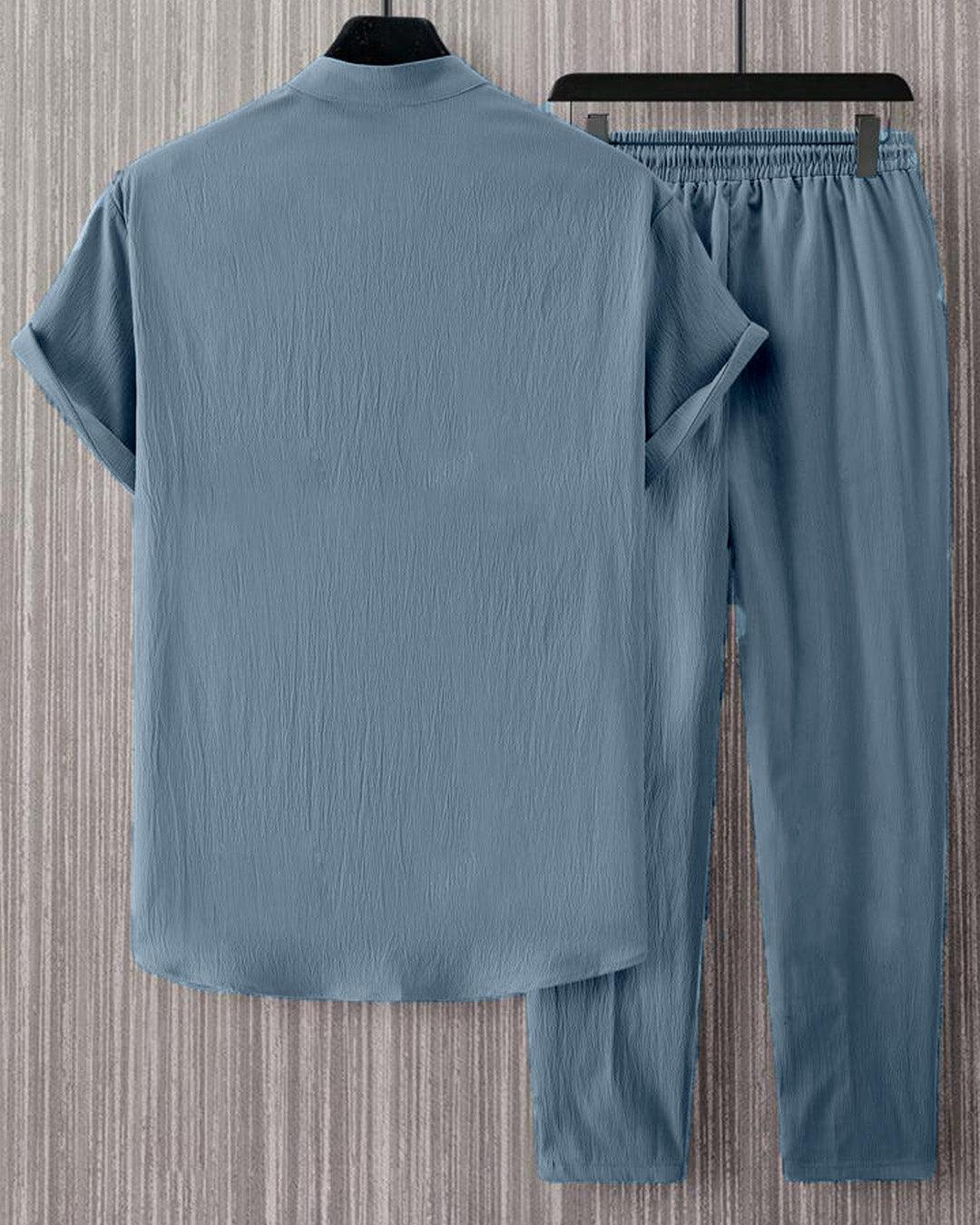 Men Two Piece Outfits Summer Comfortable Casual Short Sleeves Shirt And Pant In Blue Without Tee - Image 2