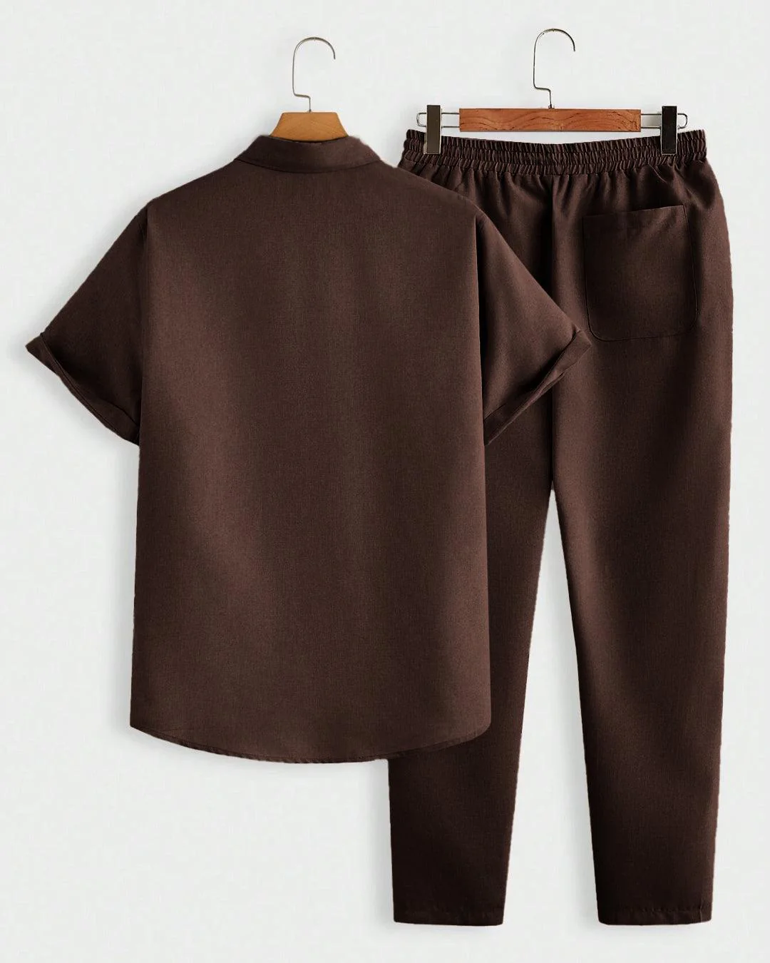 Men Vacation Solid Color Casual Shirt And Long Pants Set In Coco Brown - Image 2
