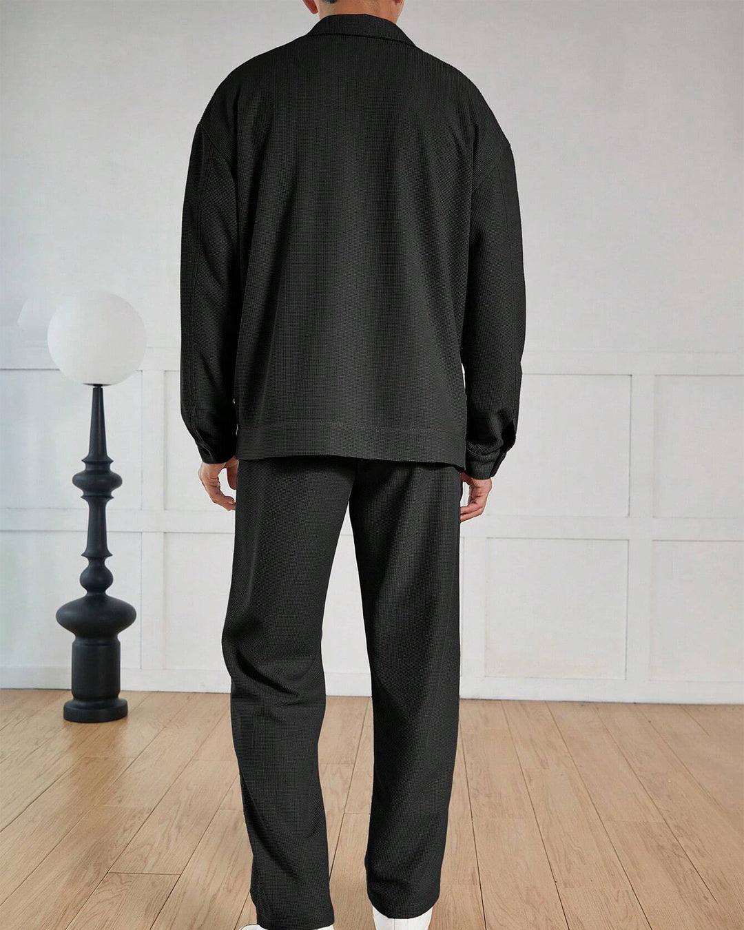 Men Waffle Texture Jacquard Shirt Set In Black - Image 3