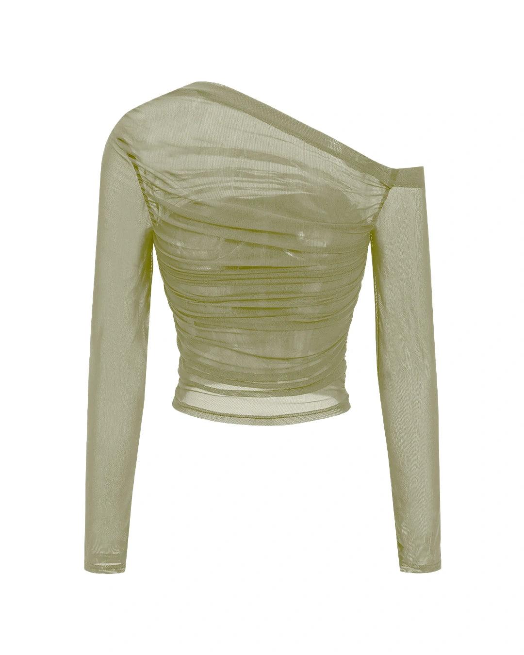 Mesh Asymmetrical Long-Sleeve Top In Herbal Green - Image 2