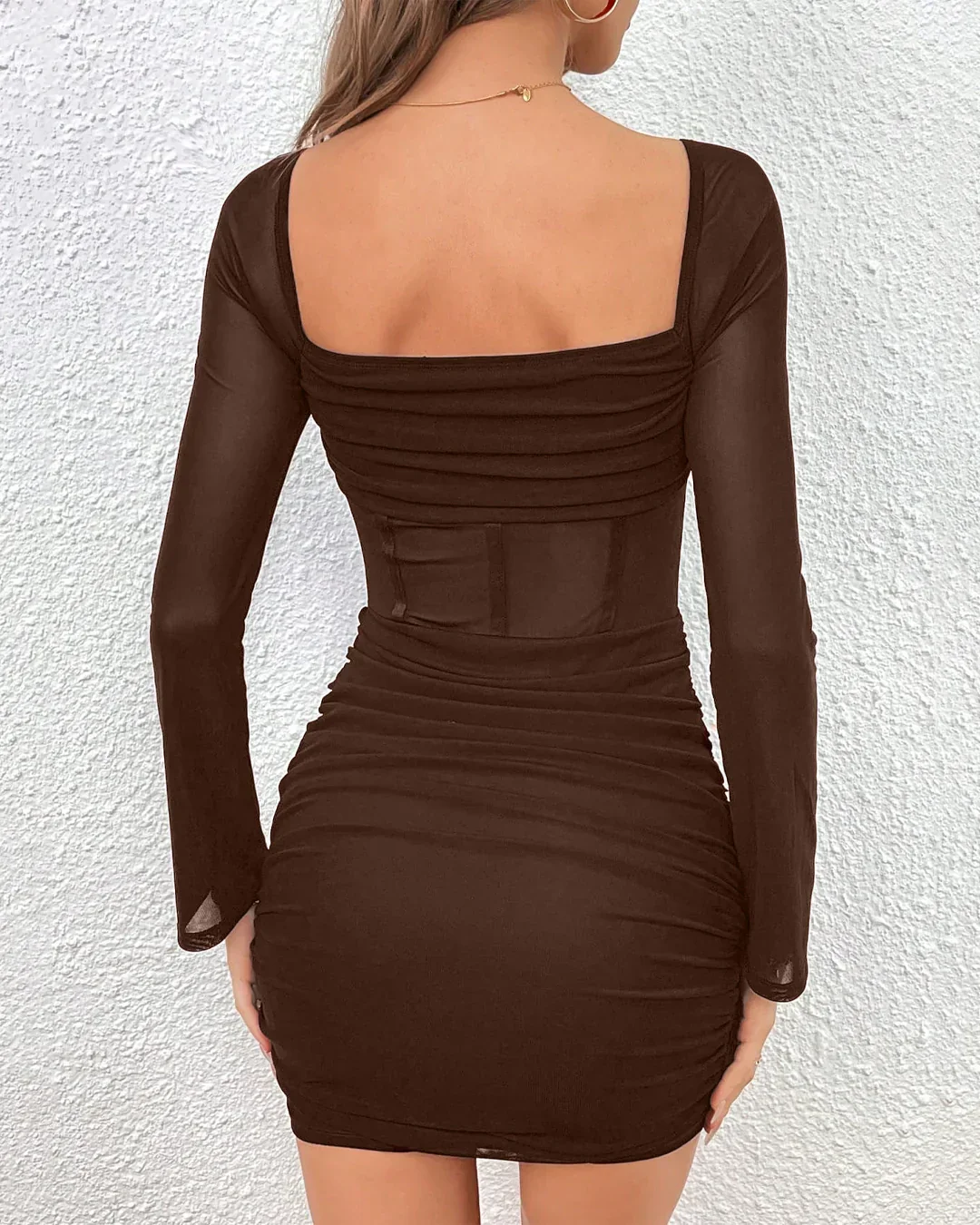 Mesh Contrast High Waist Ruffle Bodycon Dress in Coco - Image 2