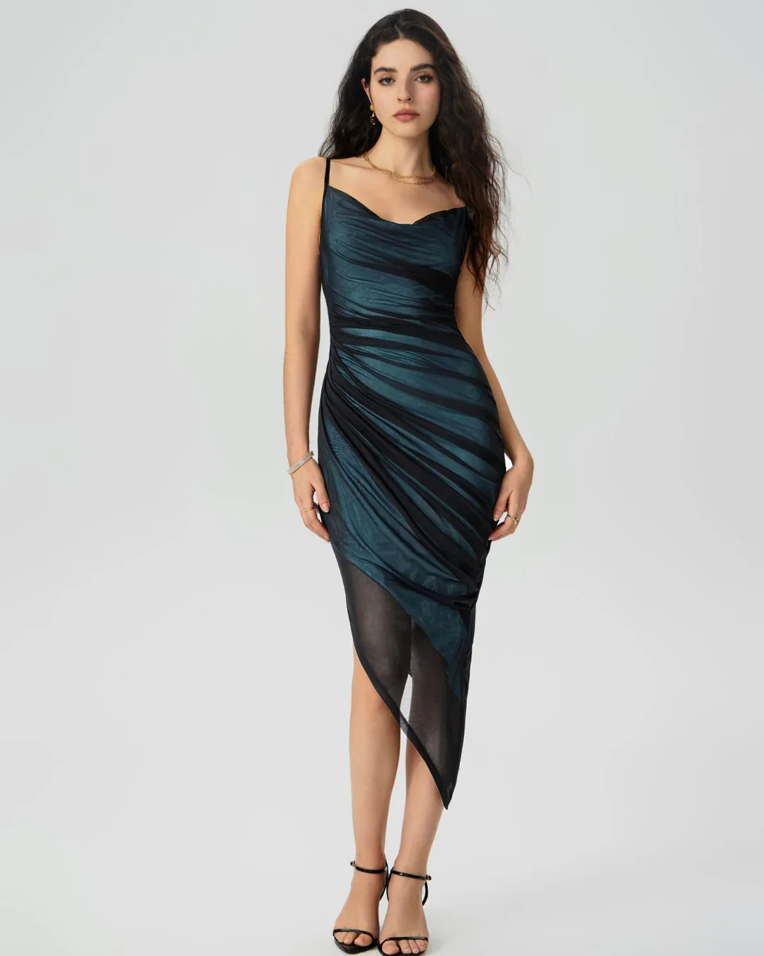 Mesh Cowl Neck Ruched Midi Dress in Black And Blue - Image 3