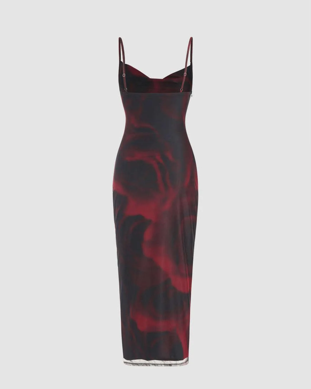 Mesh Cowl Neck Ruched Split Red Midi Dress - Image 3