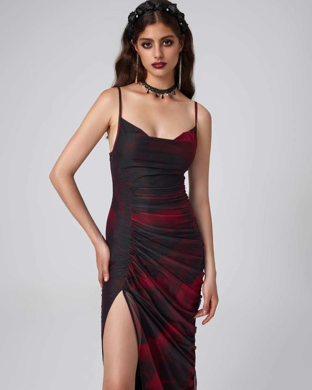 Mesh Cowl Neck Ruched Split Red Midi Dress - Image 4