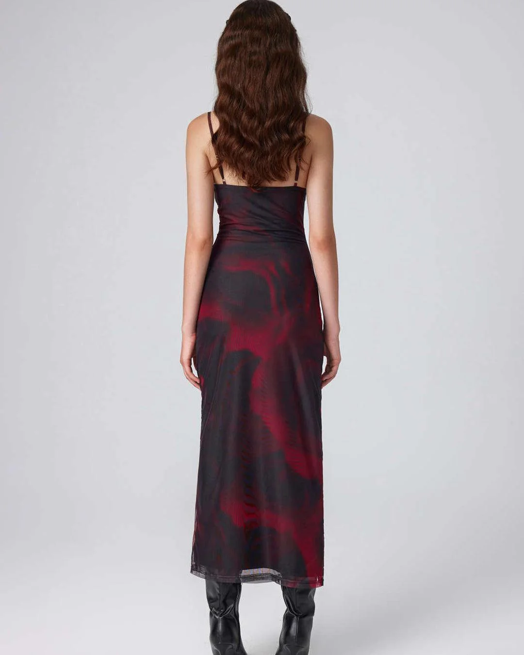 Mesh Cowl Neck Ruched Split Red Midi Dress - Image 5