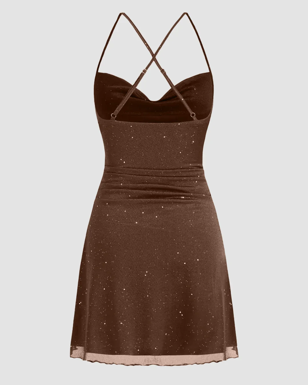 Mesh Cowl Neck Sequin Ruched Mini Dress in Brown - Image 2