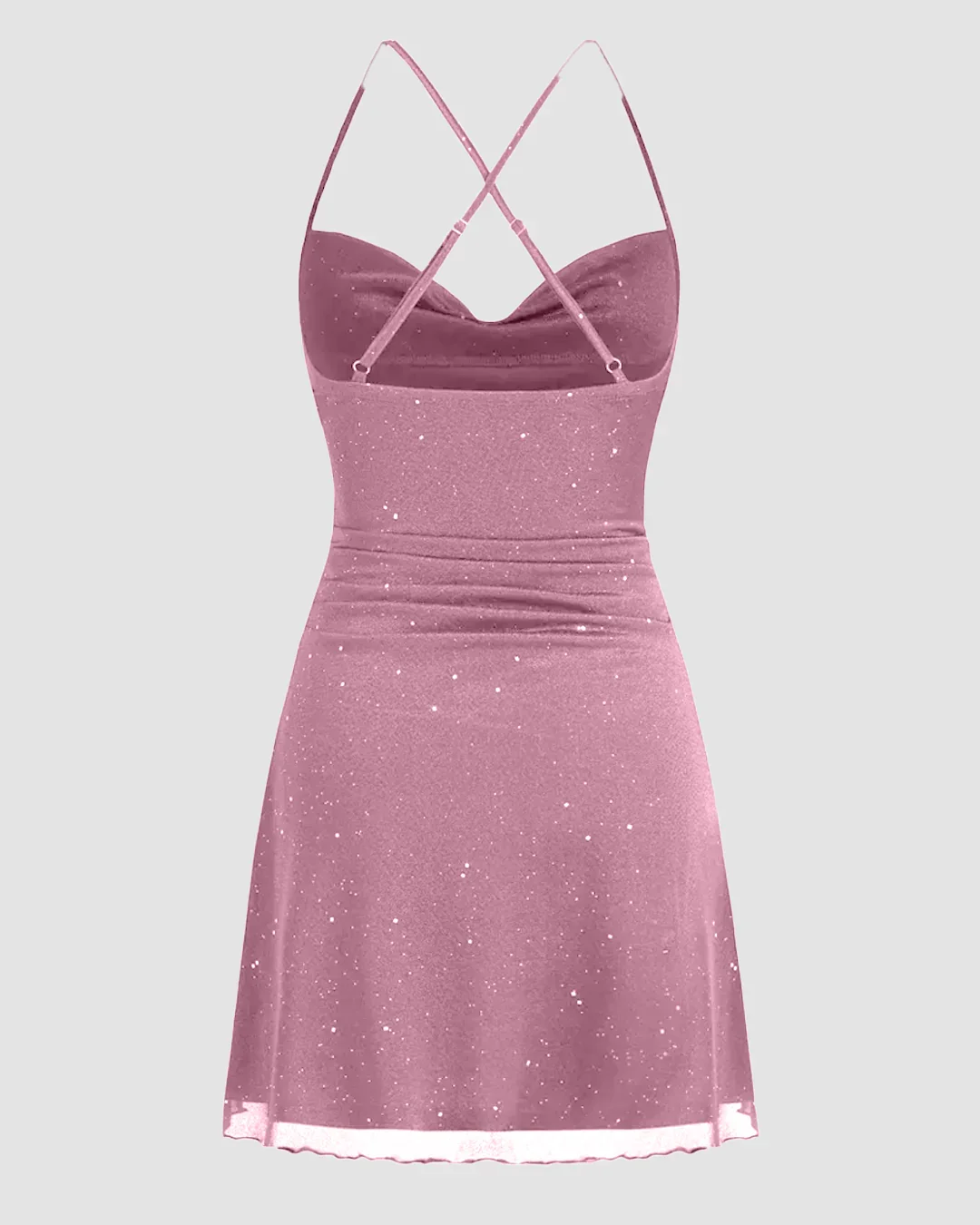 Mesh Cowl Neck Sequin Ruched Mini Dress in Pink - Image 2