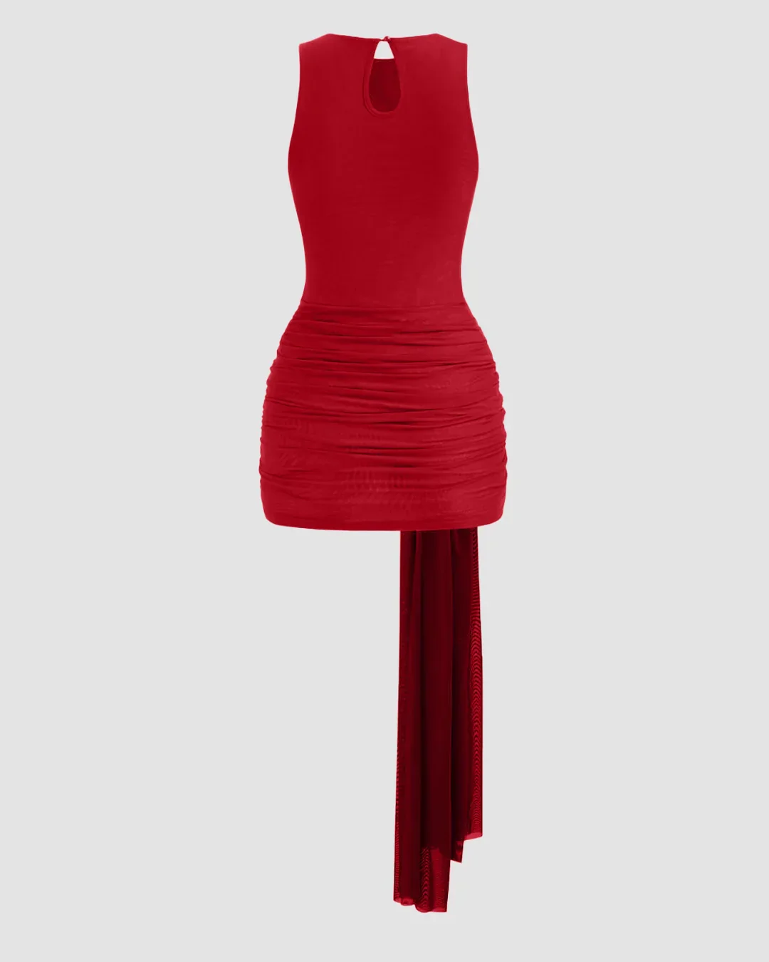 Mesh Draped Ruched Knotted Sleeveless Mini Dress in Red - Image 2