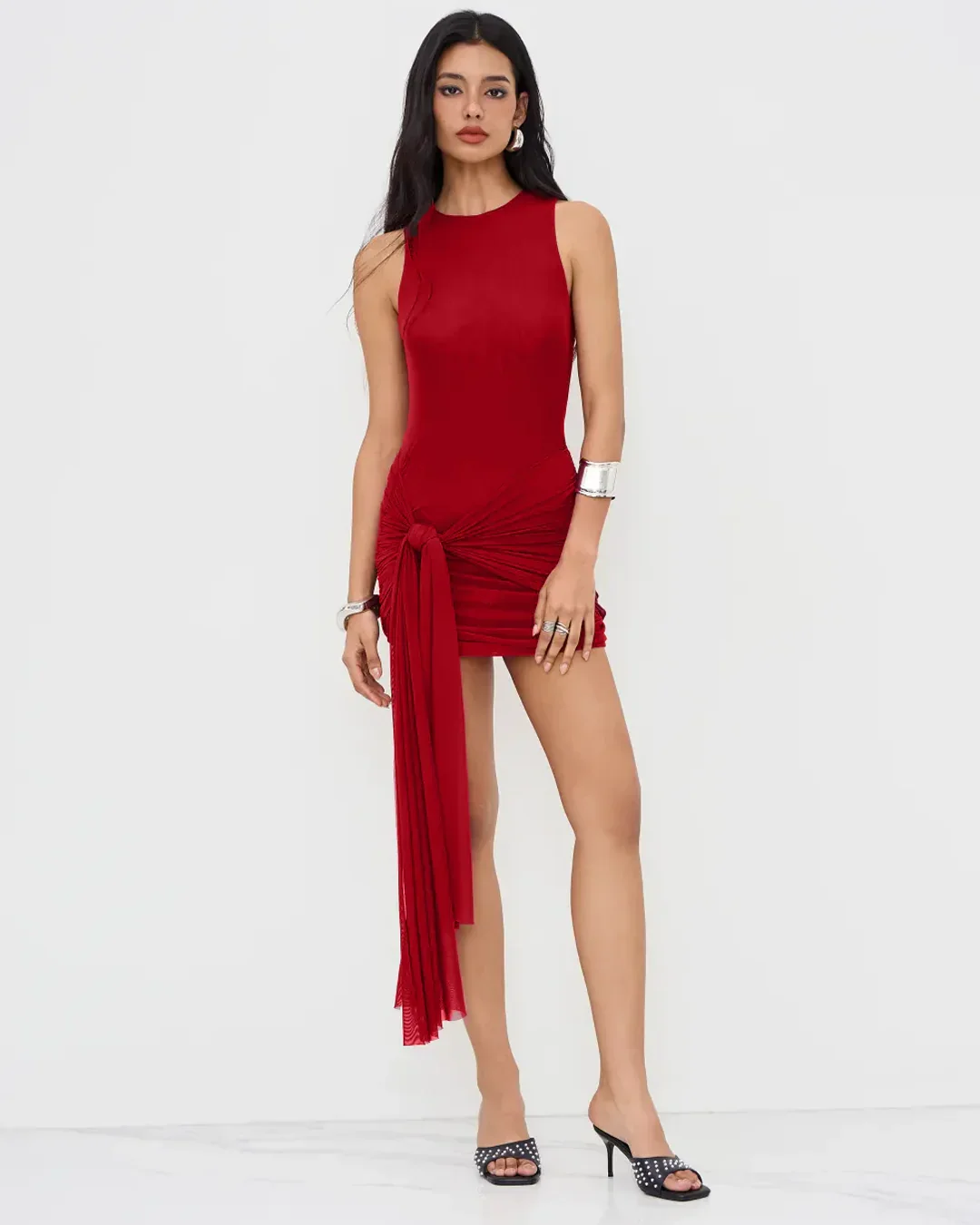 Mesh Draped Ruched Knotted Sleeveless Mini Dress in Red - Image 3