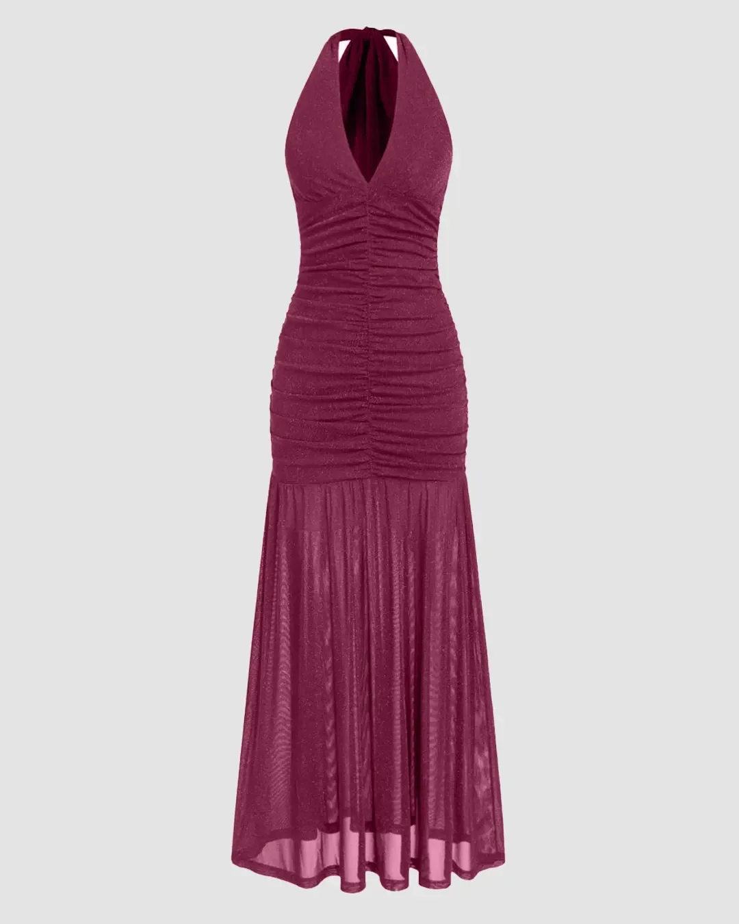 Mesh Halter Neckline Glitter Ruched Maxi Dress in Maroon