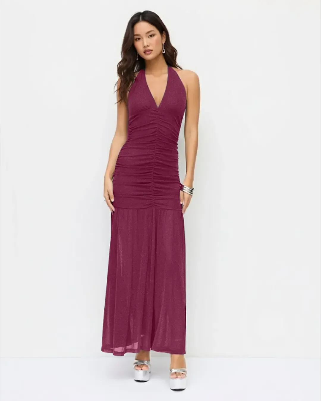 Mesh Halter Neckline Glitter Ruched Maxi Dress in Maroon - Image 2