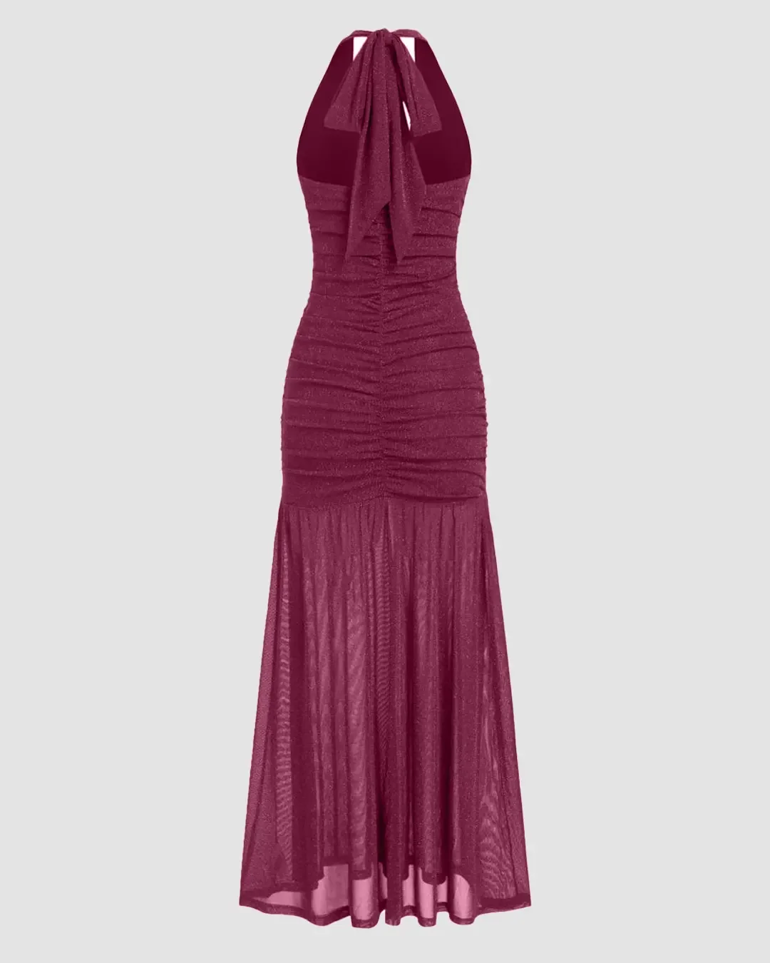 Mesh Halter Neckline Glitter Ruched Maxi Dress in Maroon - Image 3