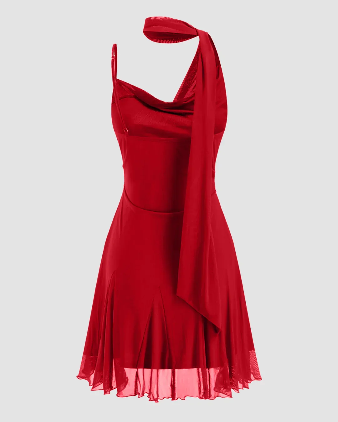 Mesh Halter Neckline Ruched Ruffle Hem Mini Dress in Red - Image 2