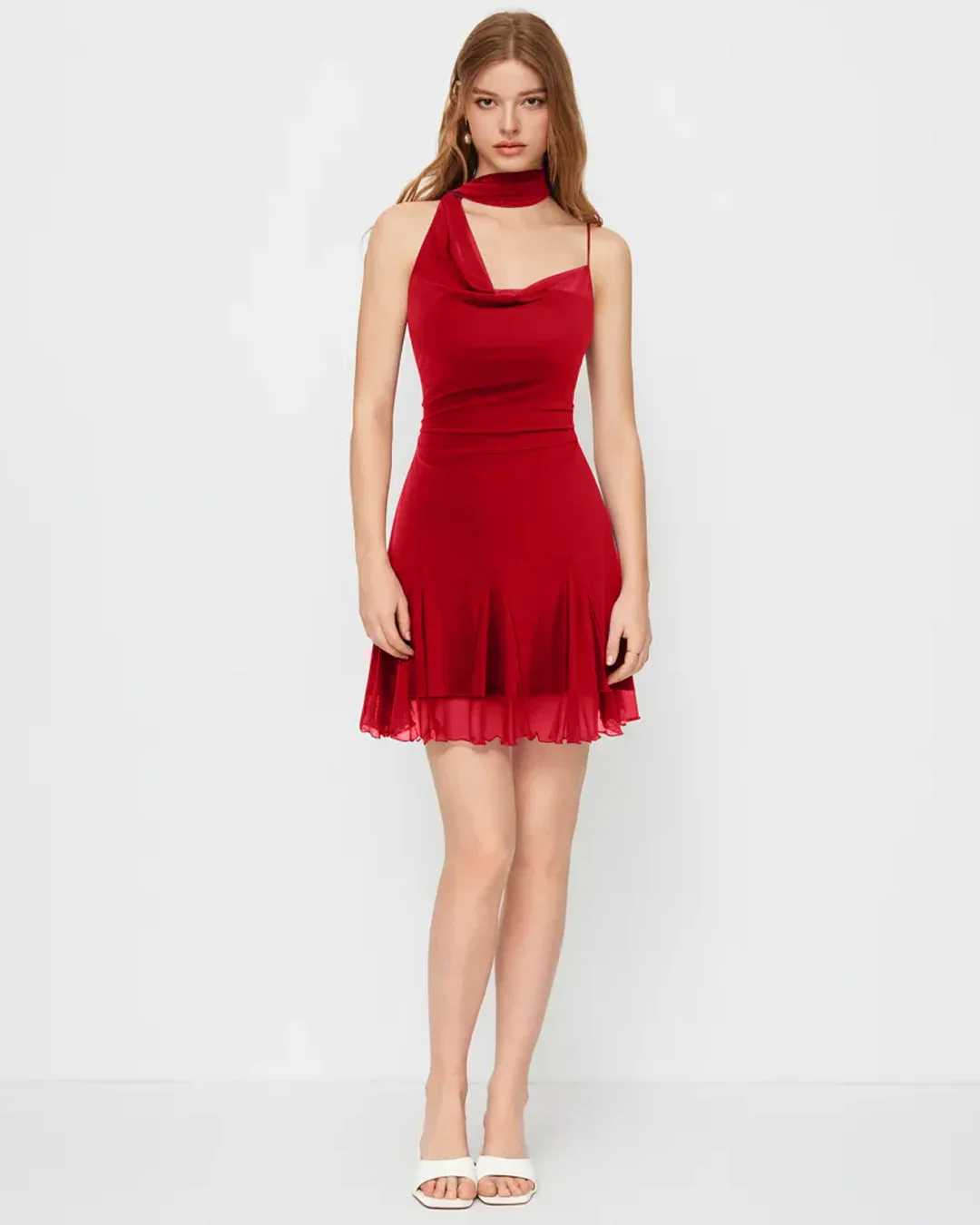 Mesh Halter Neckline Ruched Ruffle Hem Mini Dress in Red - Image 3