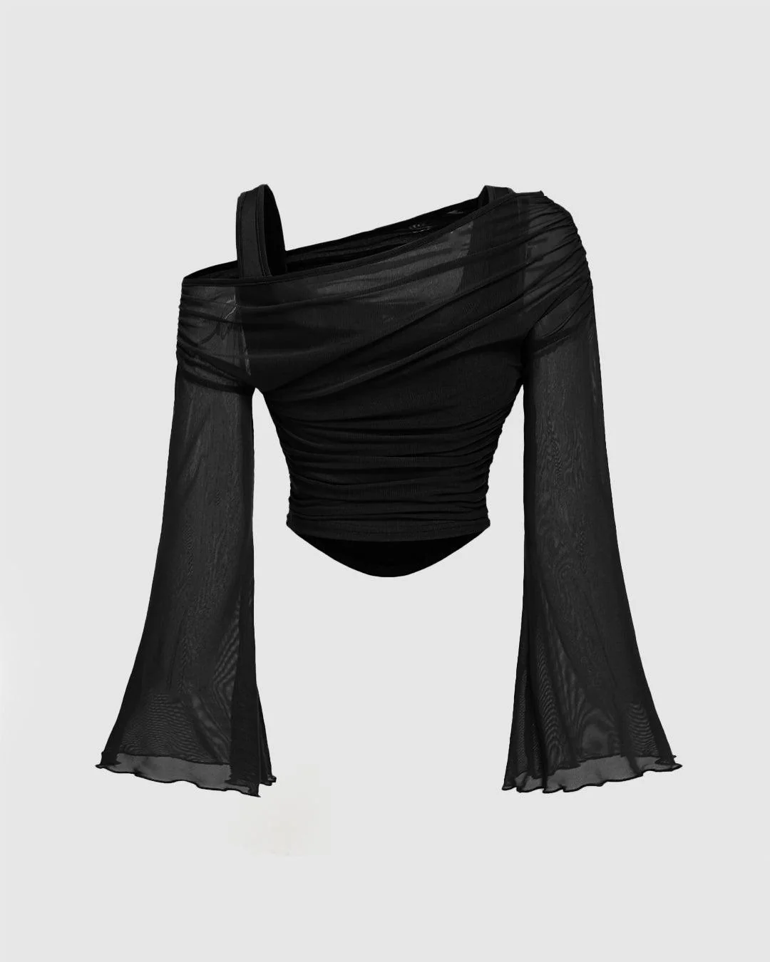 Party Ruched Off Shoulder Flared Full Sleeve Top in Black - Image 3
