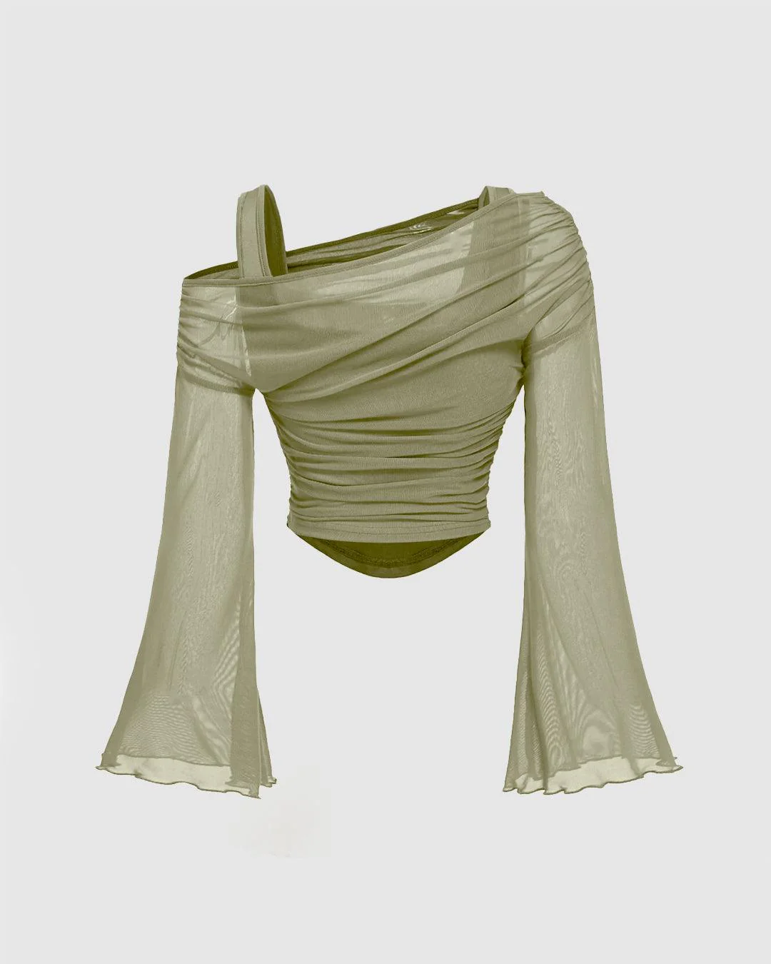 Party Off Shoulder Ruched Flared Full Sleeve Top in Green - Image 3