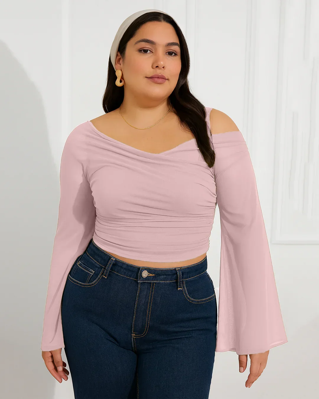 Mesh Off-Shoulder Long Sleeve Light Pink Top Curve & Plus - Image 3