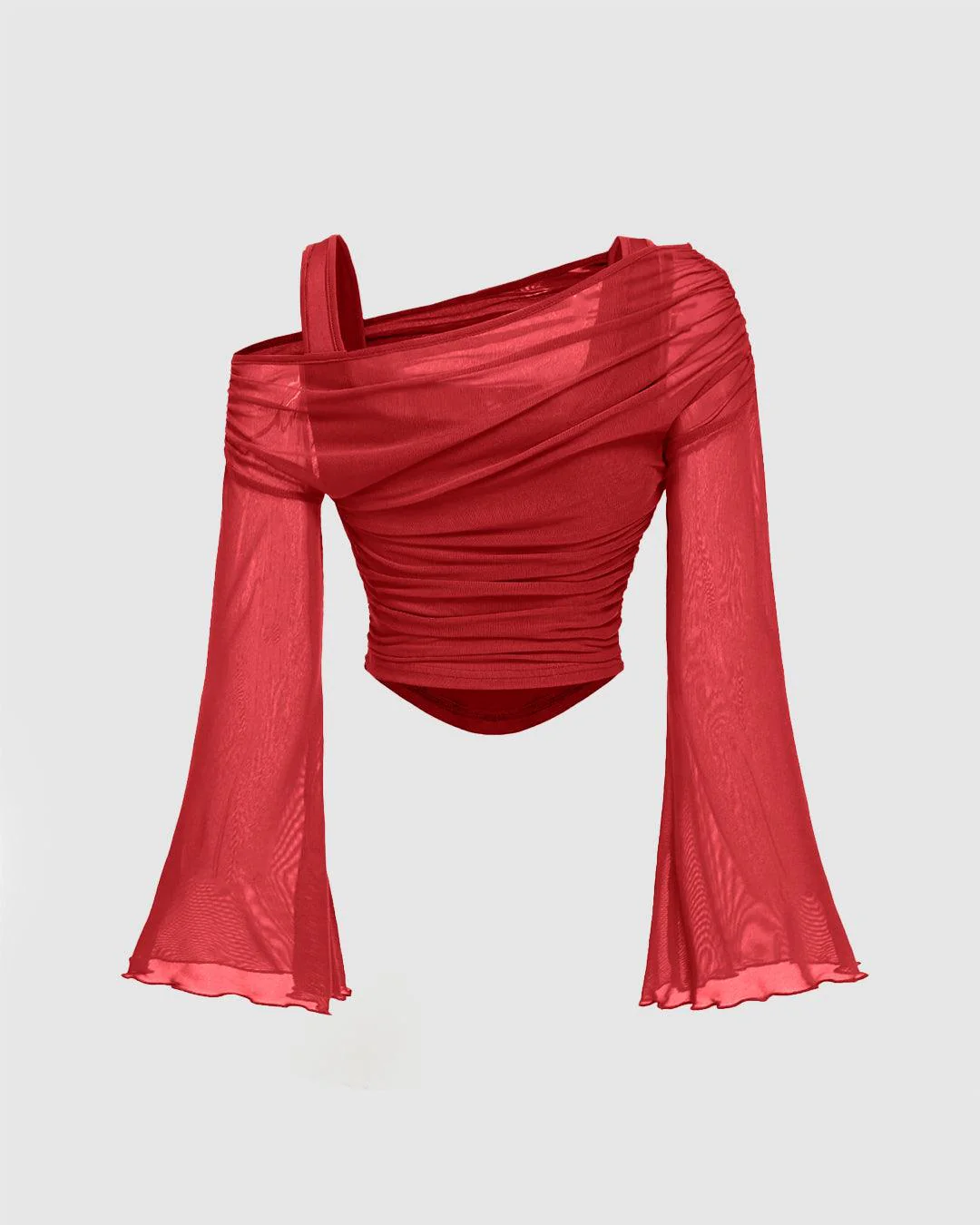 Off Shoulder Sheer Flare Sleeve Fitted Crop Top Red - Image 2