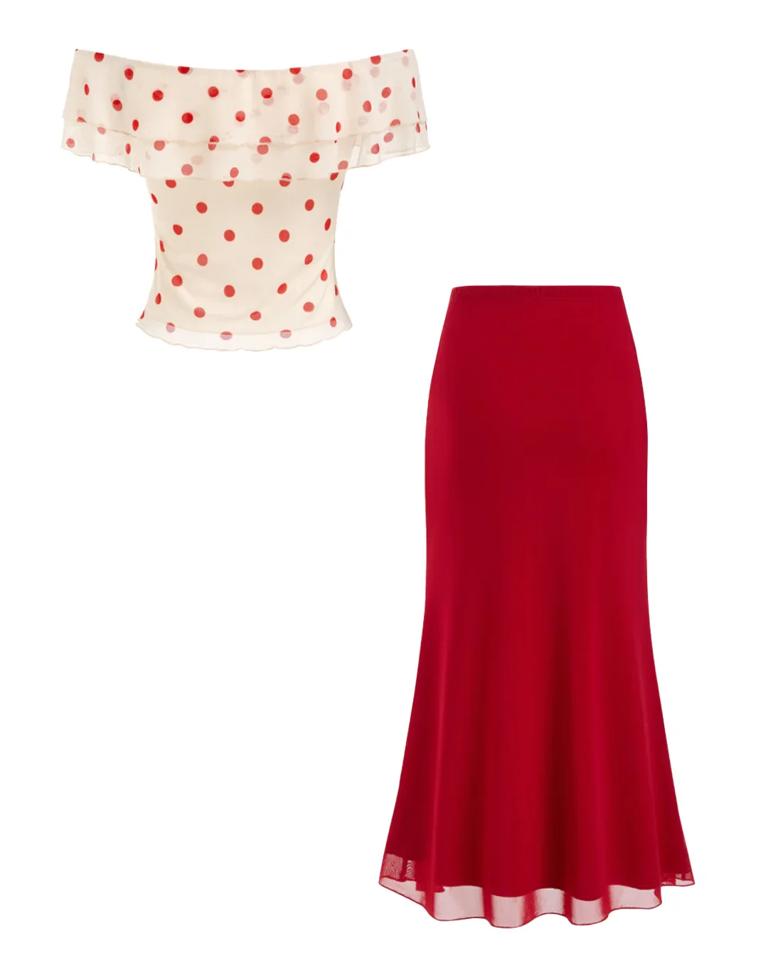 Mesh Off-Shoulder Polka Dot Ruffled Top & Mermaid Maxi Skirt Set - Image 2