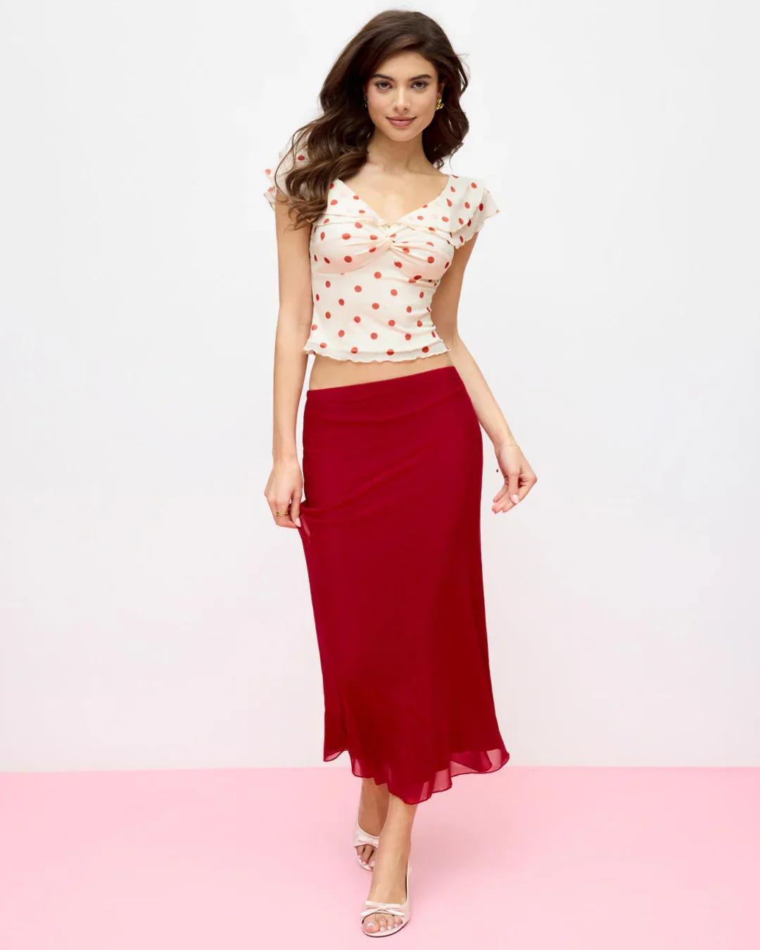 Mesh Off-Shoulder Polka Dot Ruffled Top & Mermaid Maxi Skirt Set - Image 3