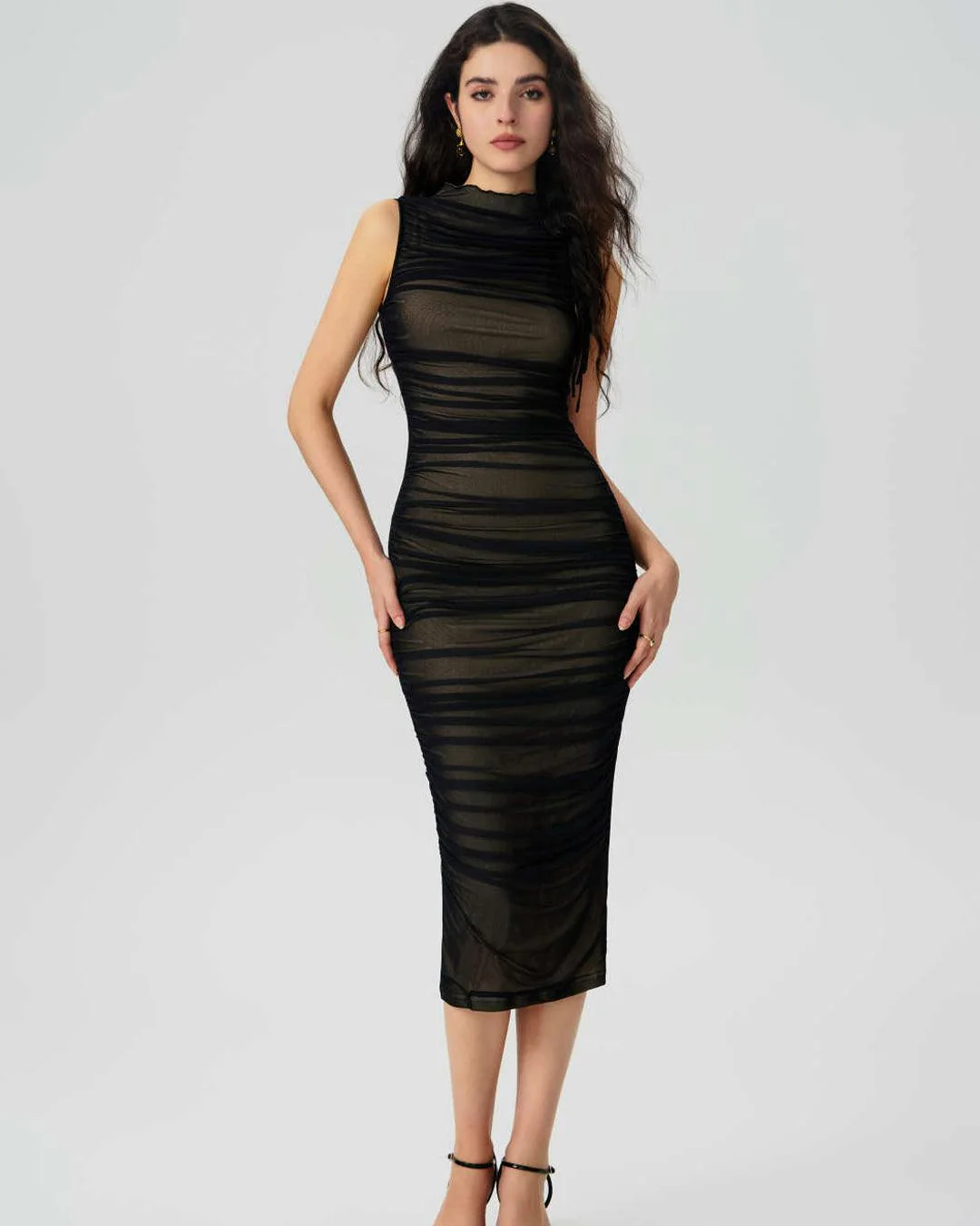 Sleeveless Mesh Midi Dress With Ruched High Neck - Image 4