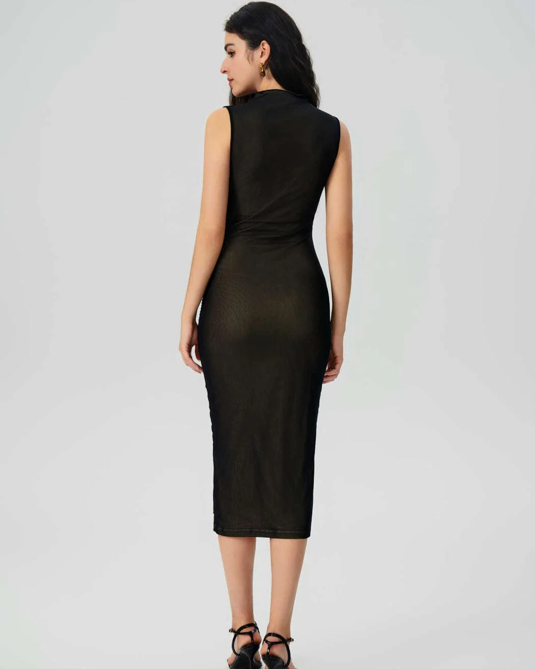 Sleeveless Mesh Midi Dress With Ruched High Neck - Image 5