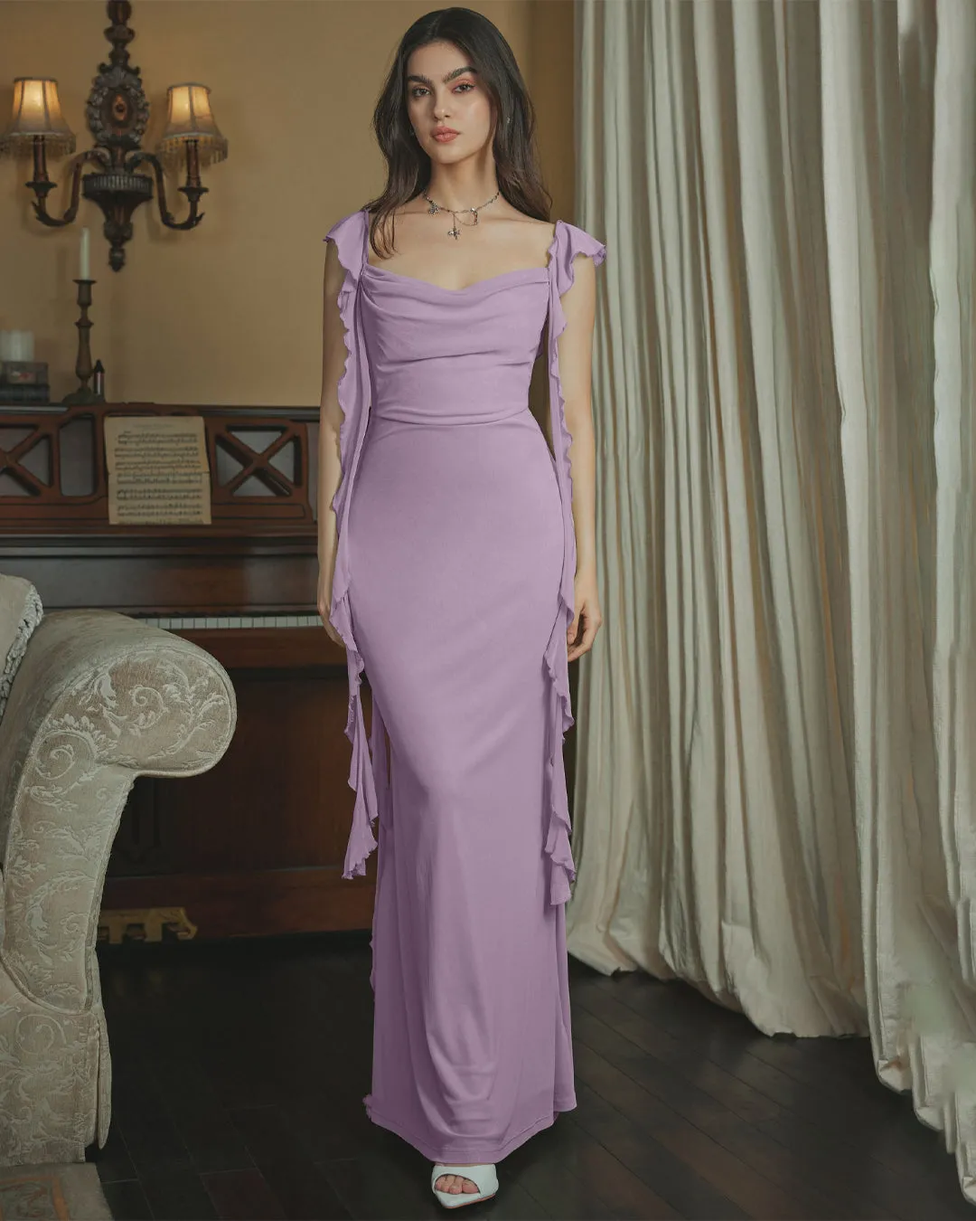 Mesh Ruffle Lilac Maxi Dress - Image 3