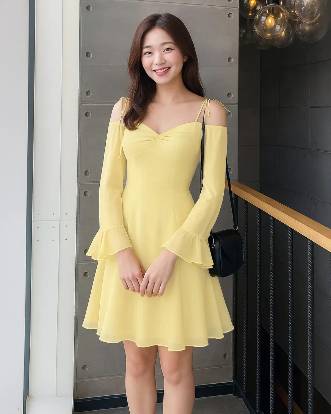 Mesh Sleeve Tie-Strap Fit & Flare Dress in French Vanilla - Image 2