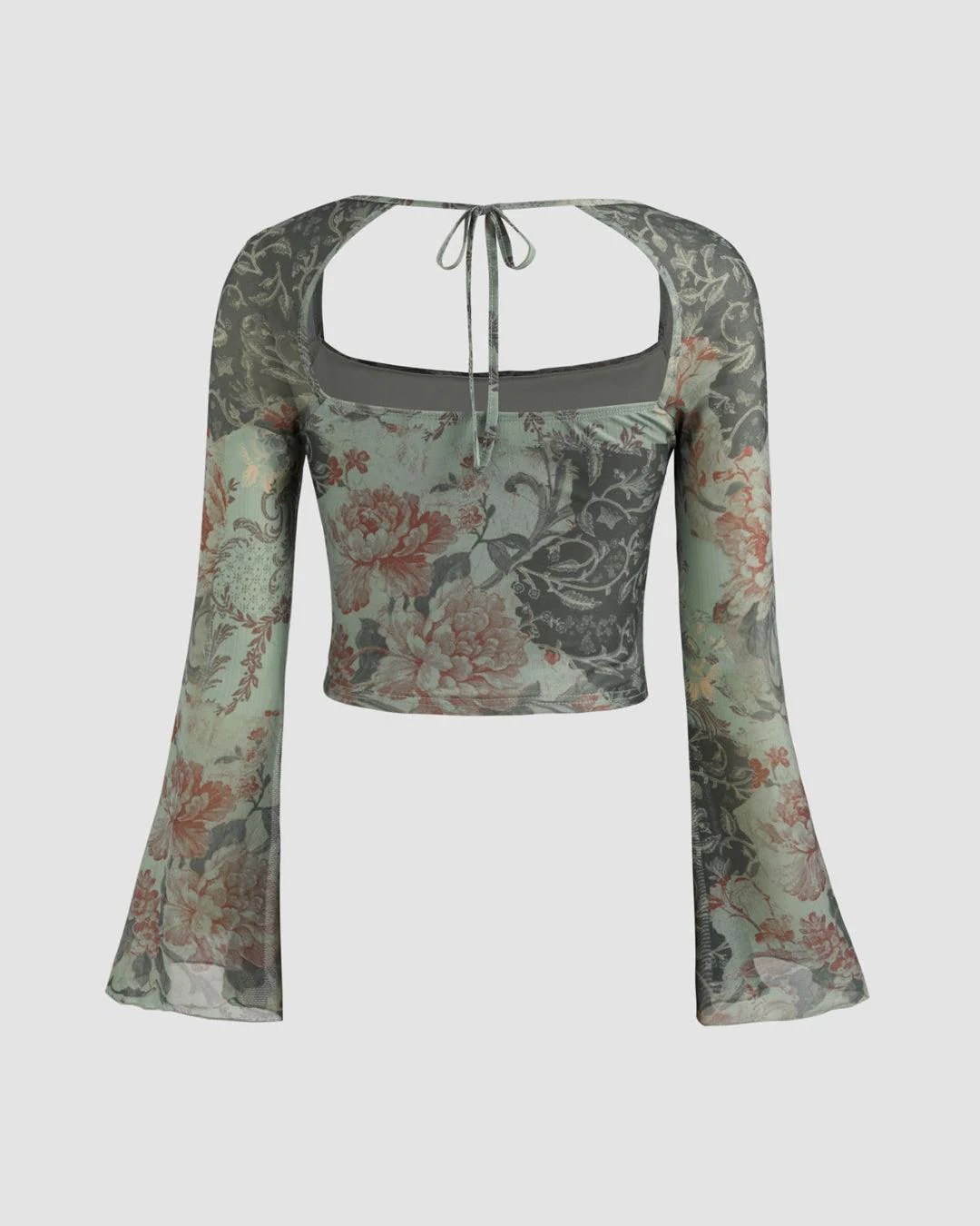 Mesh Square Neck Floral Ruched Knotted Bell Sleeve Top - Image 3