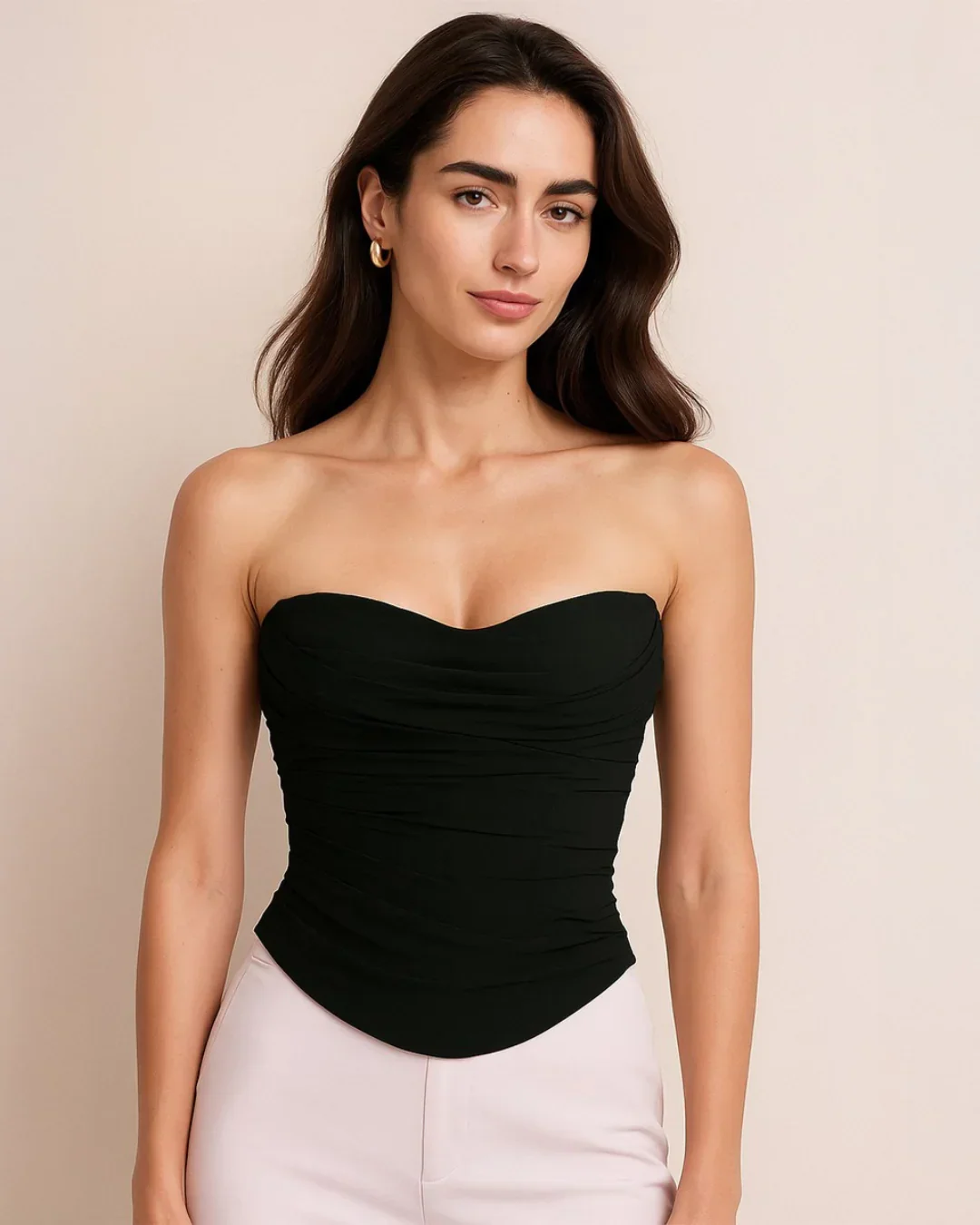 Ruched Strapless Corset Style Tube Top in Black - Image 2