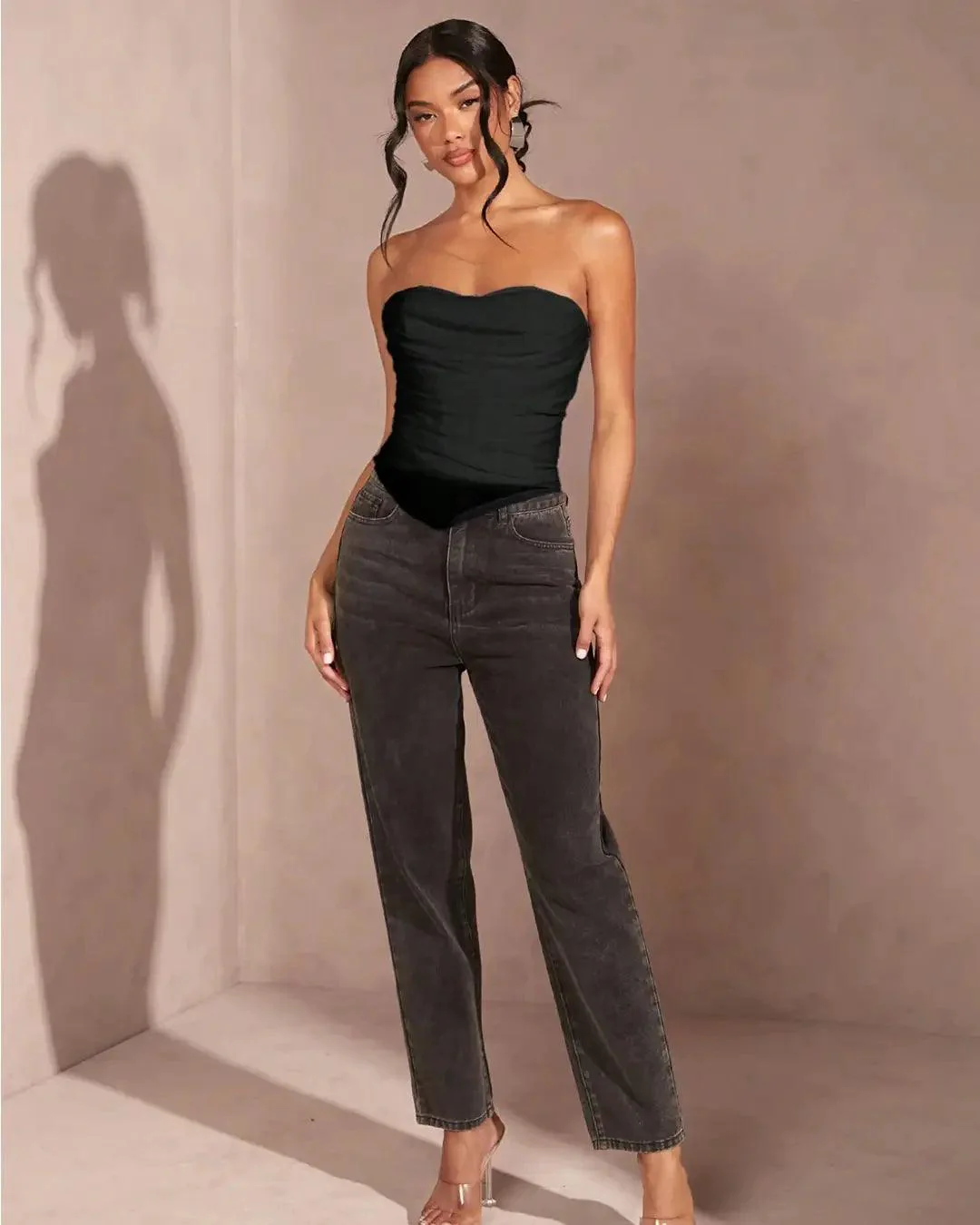 Ruched Strapless Corset Style Tube Top in Black - Image 4