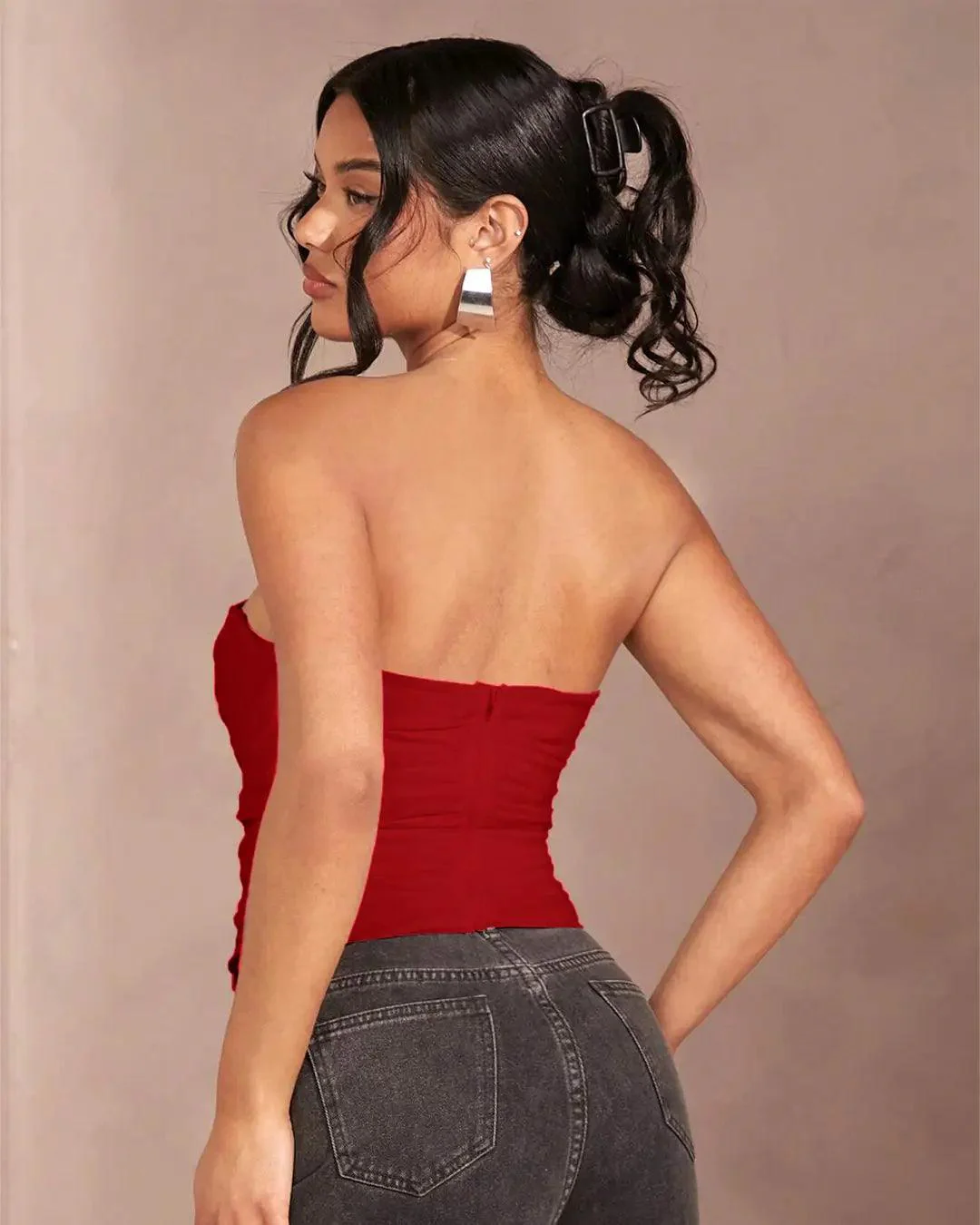 Mesh Strapless Corset Top In Red - Image 2