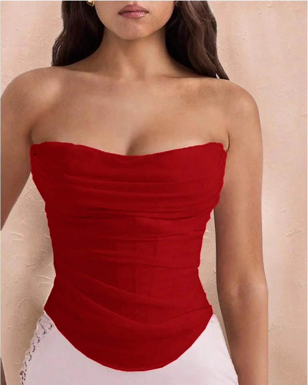 Mesh Strapless Corset Top In Red - Image 3