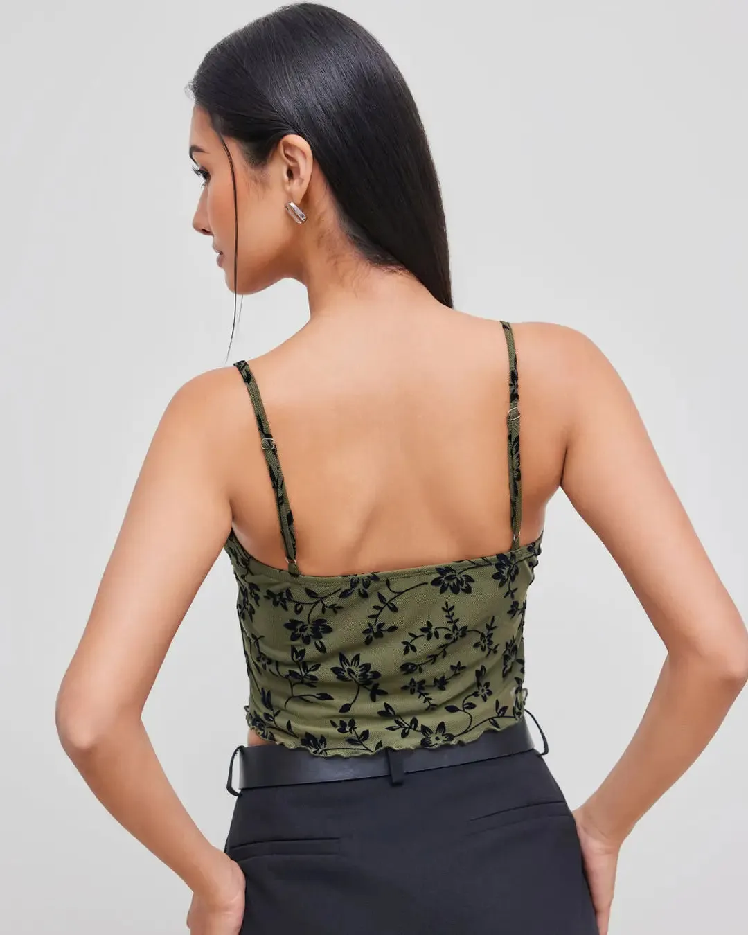 Mesh V-neck Floral Lettuce Trim Knotted Crop Cami Top - Image 4