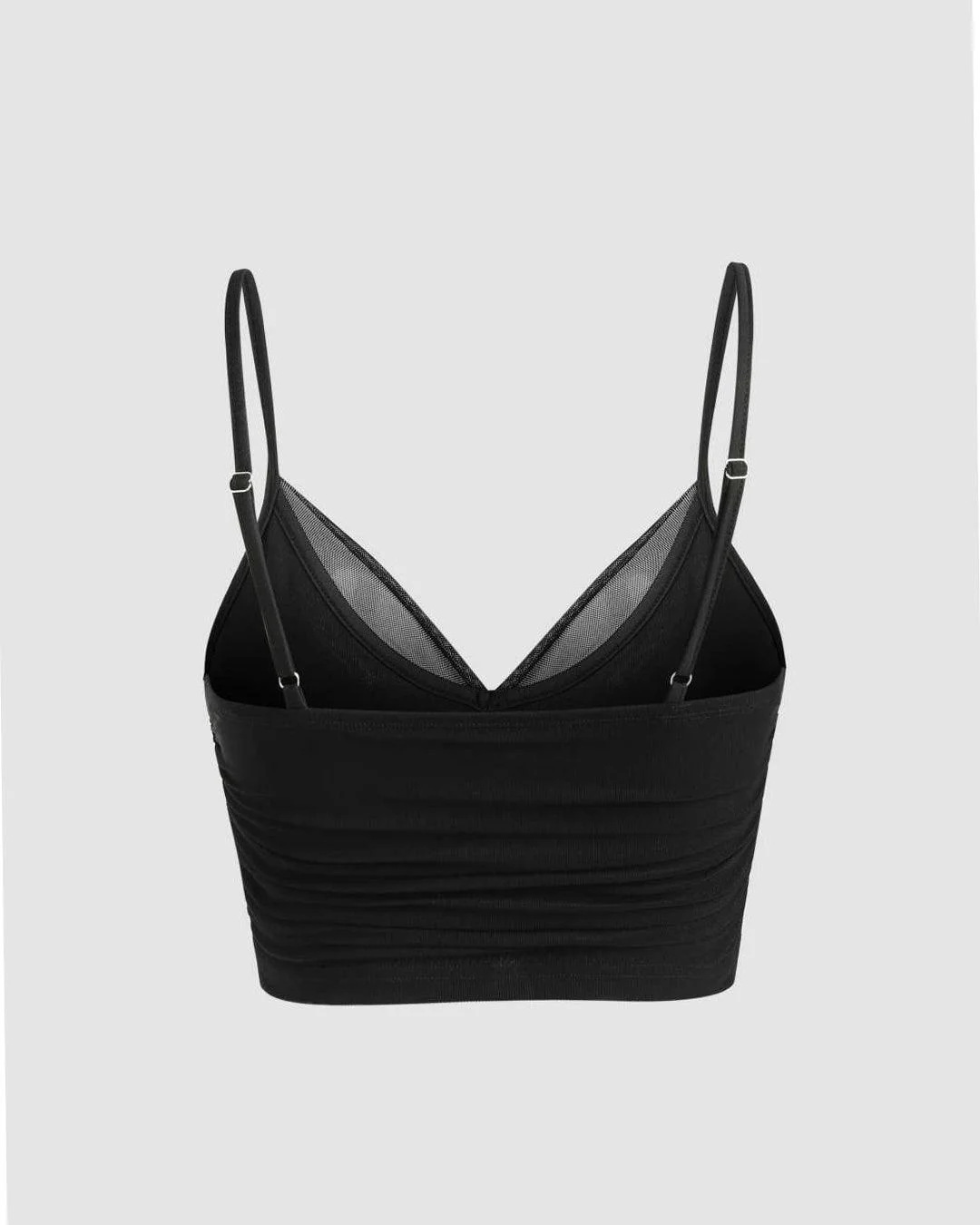 Mesh V-Neck Ruched Strappy Black Crop Top - Image 3
