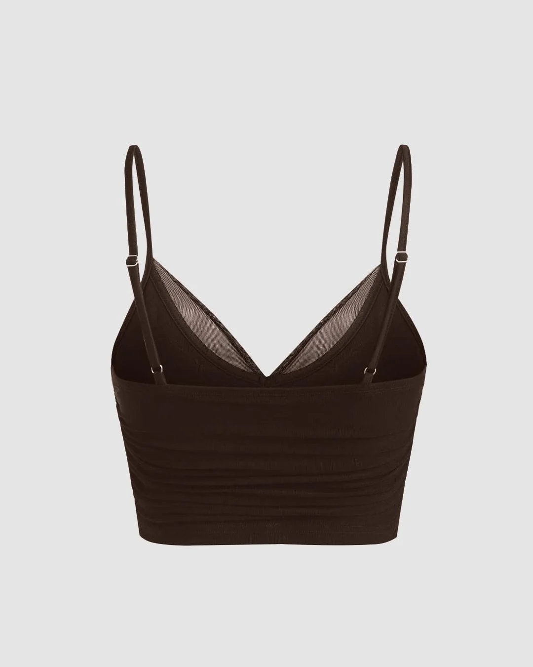 Mesh V-Neck Ruched Strappy Coco Brown Crop Top - Image 2