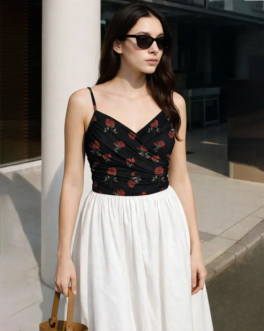 Mesh V-Neck Ruched Strappy Floral Black Crop Top - Image 2