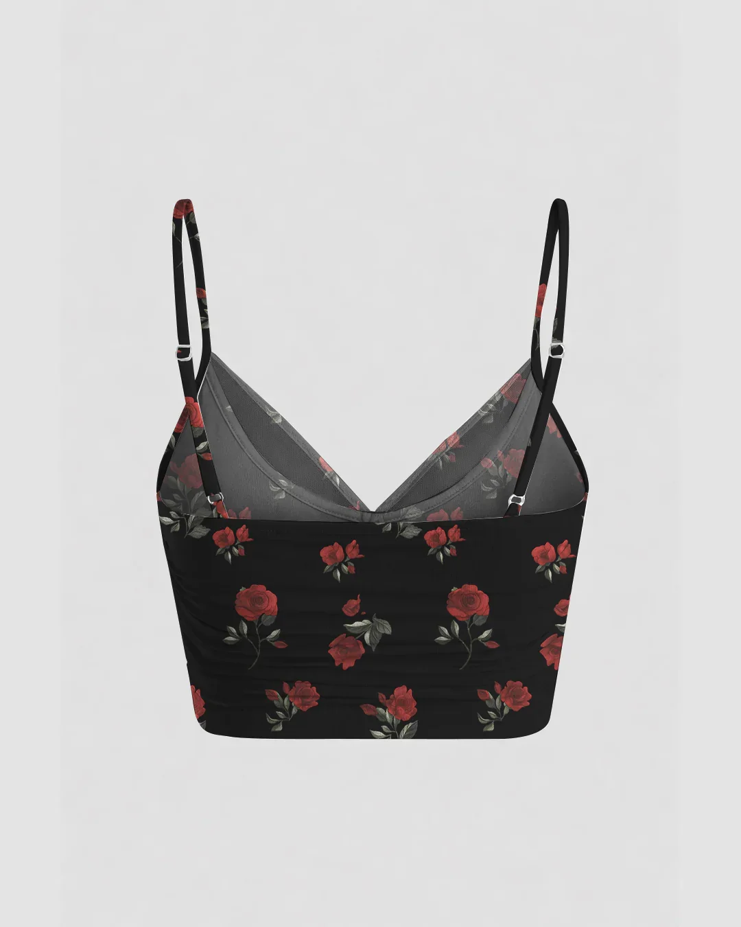 Mesh V-Neck Ruched Strappy Floral Black Crop Top - Image 3